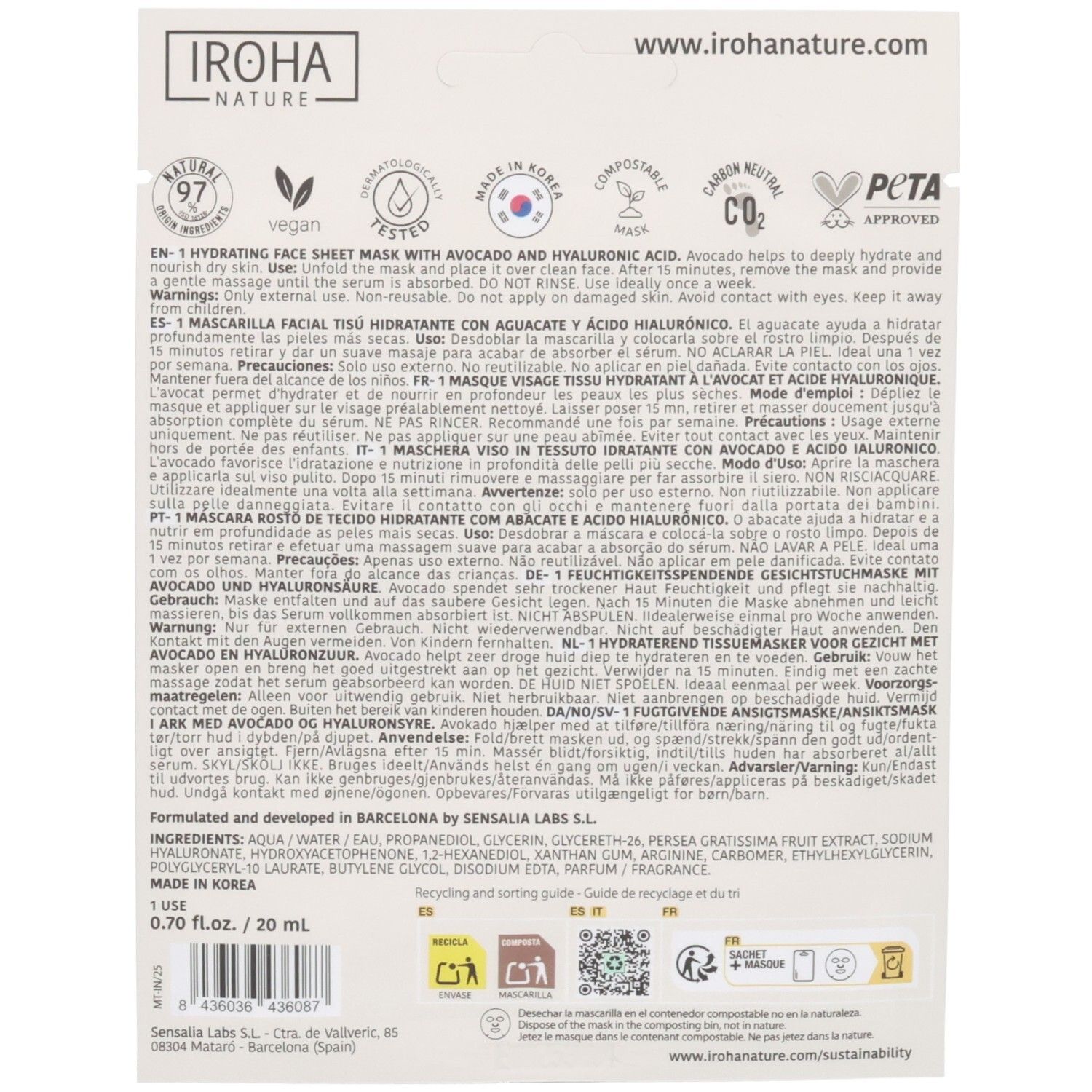 Dos de masque visage Iroha Nature à l'avocat. Contient 97% d'ingrédients d'origine naturelle.