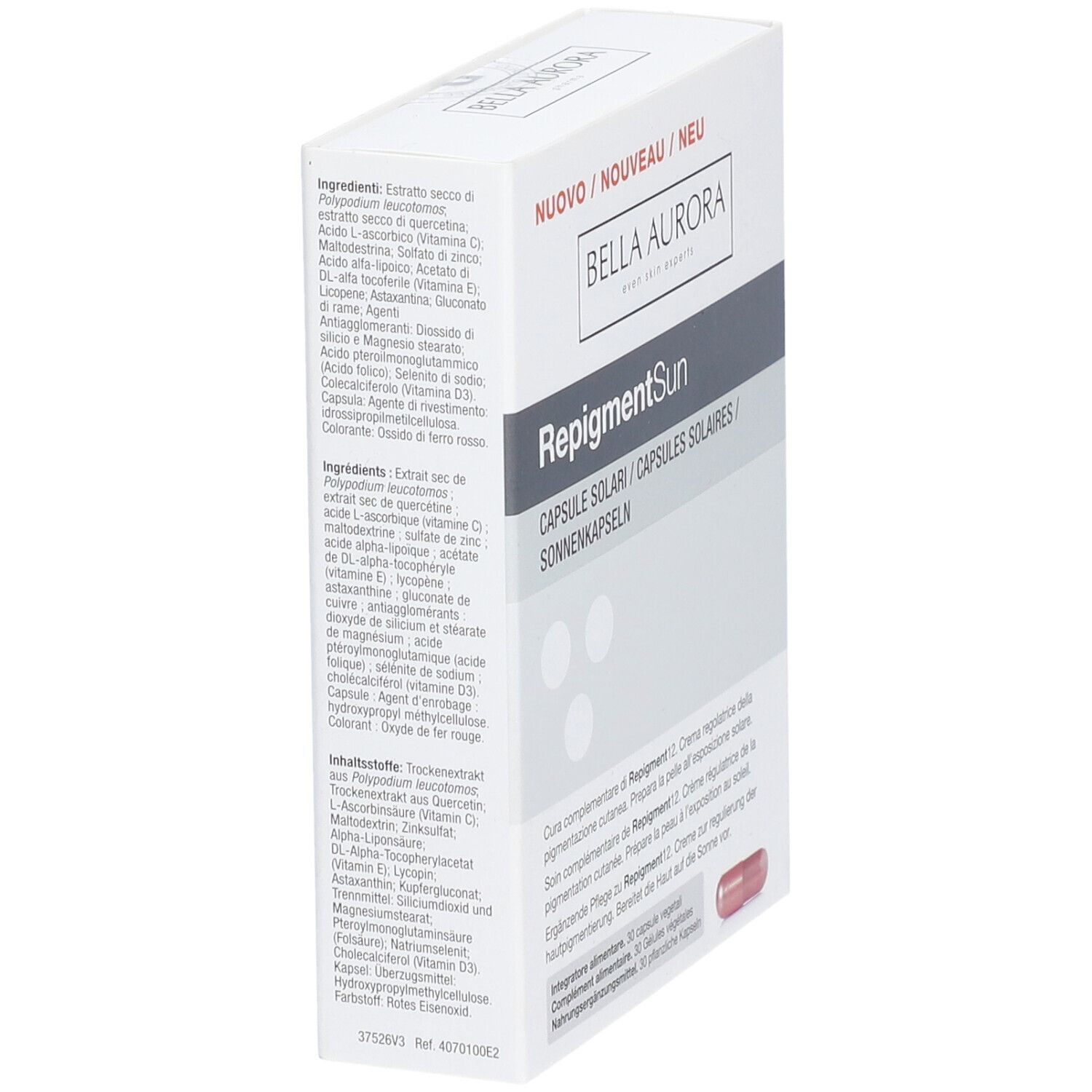 Boîte blanche, vue latérale. Texte: Ingrédients, BELLA AURORA RepigmentSun. Capsule rose visible.