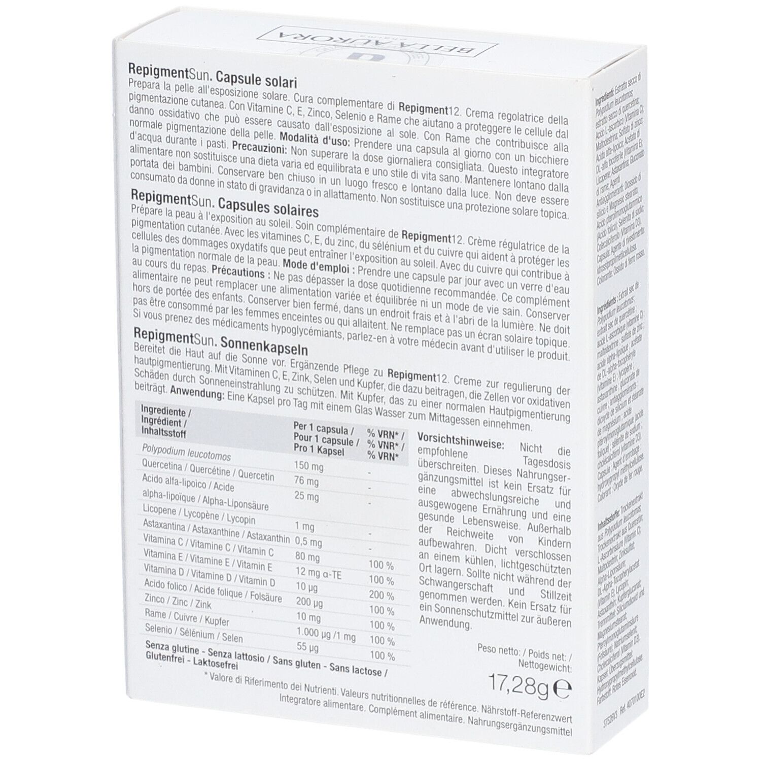 Boîte blanche, dos. Texte: Ingrédients, utilisation, BELLA AURORA RepigmentSun. Capsule rose visible.