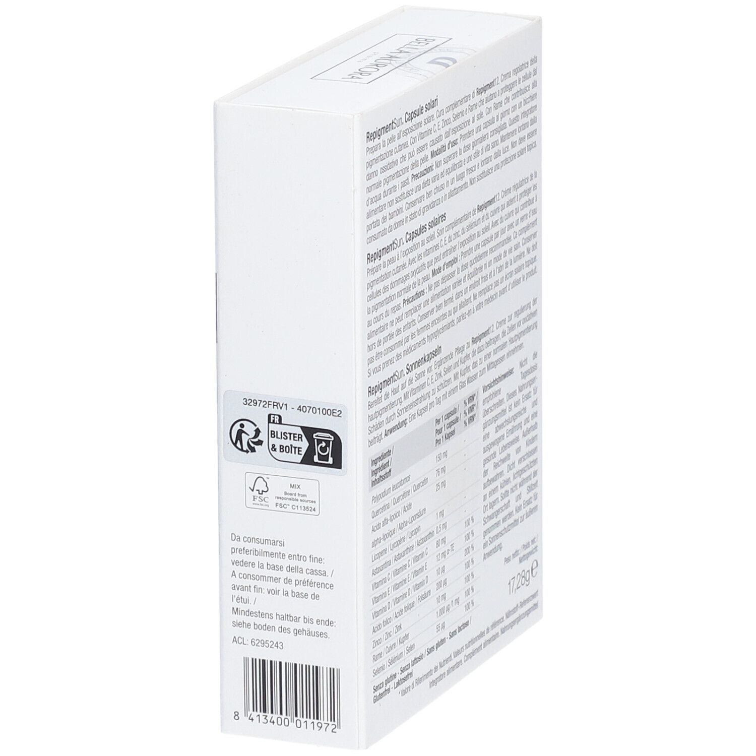 Boîte blanche, vue latérale. Texte: Ingrédients, code-barres, symboles de recyclage.