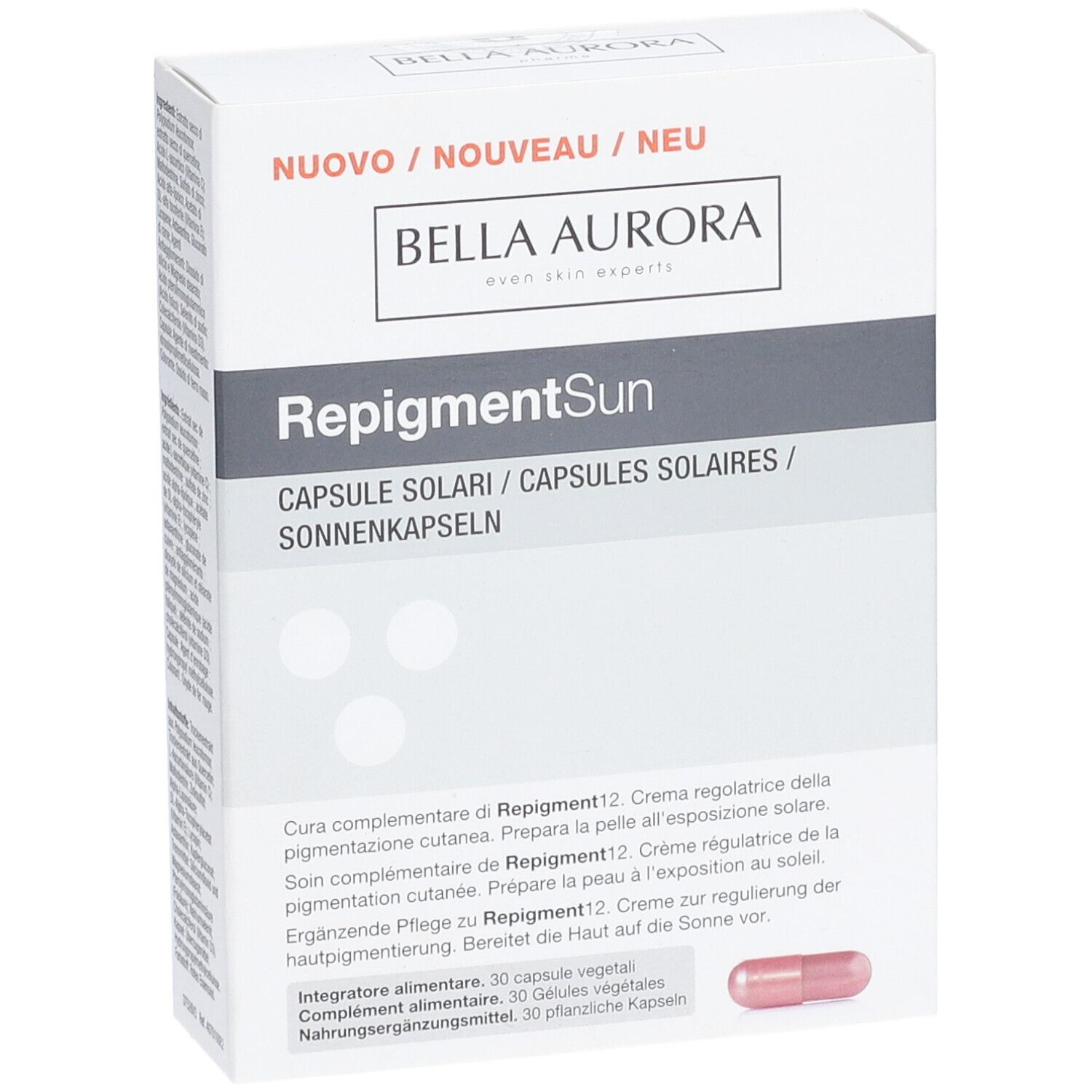 Boîte blanche avec capsule rose. Inscription: BELLA AURORA RepigmentSun. Texte en allemand, italien, français.