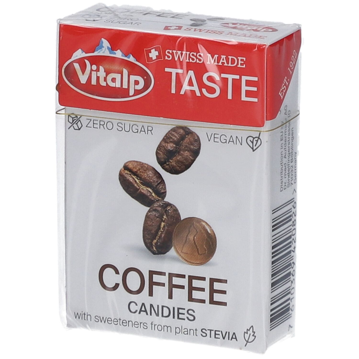 Boîte de bonbons au café Vitalp. Emballage rouge et blanc avec image de grains de café et texte. "Zero Sugar" et "Vegan".
