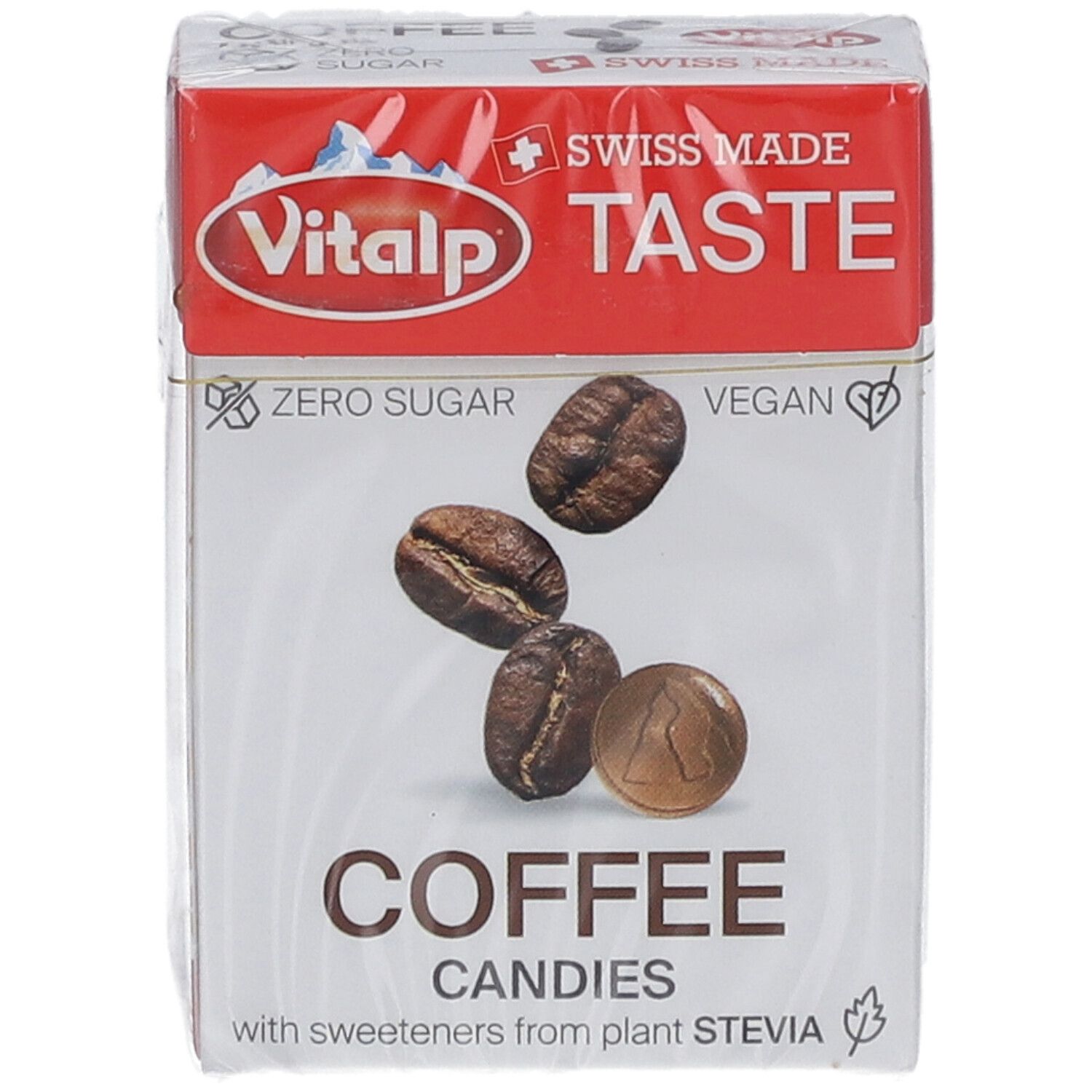 Vue de face de l'emballage des bonbons au café Vitalp. Boîte rouge et blanche avec image de café et texte. "Zero Sugar" et "Vegan".