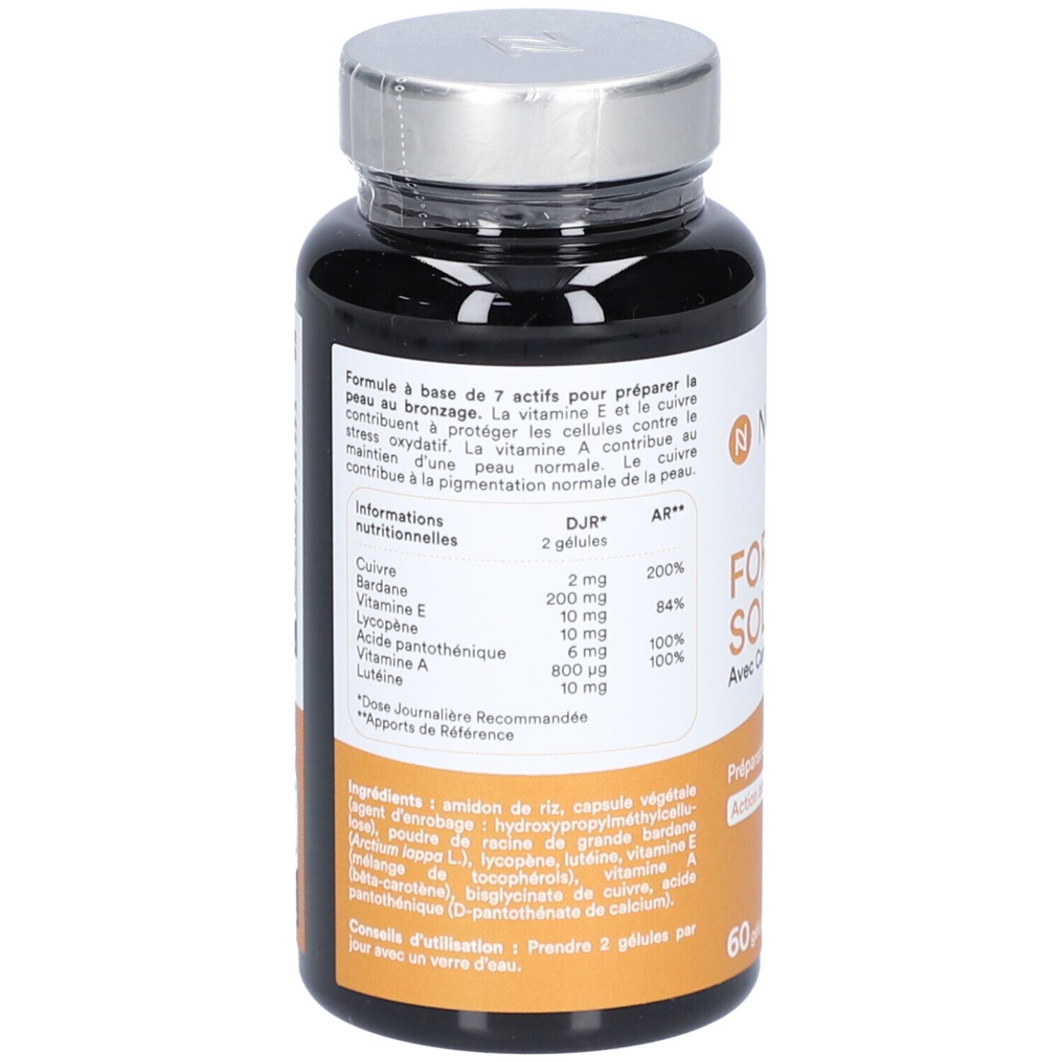 Dos du flacon avec ingrédients et informations nutritionnelles. Contient cuivre, vitamine E, vitamine A, etc.