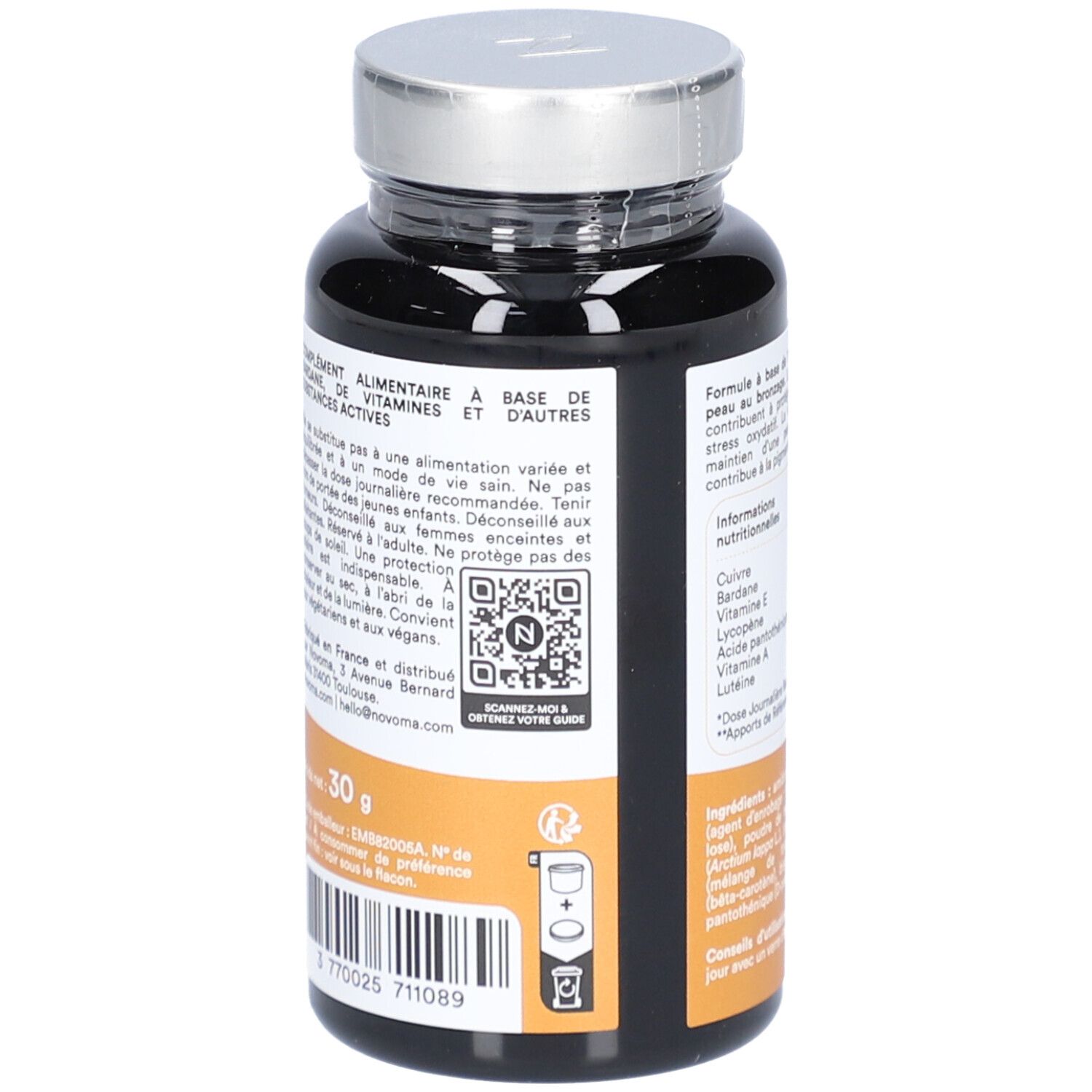 Dos du flacon avec QR code et informations. Contient 30g. Fabriqué en France.