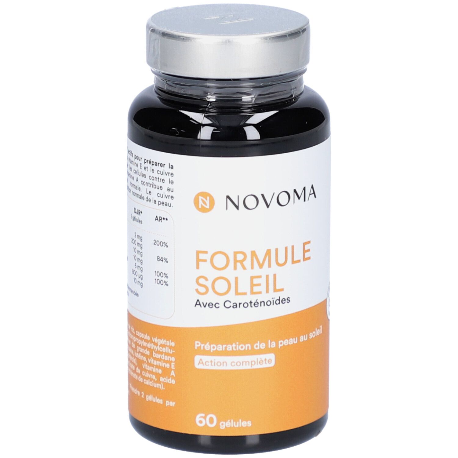 Flacon noir de gélules NOVOMA FORMULE SOLEIL. Inscription: FORMULE SOLEIL avec caroténoïdes. 60 gélules.