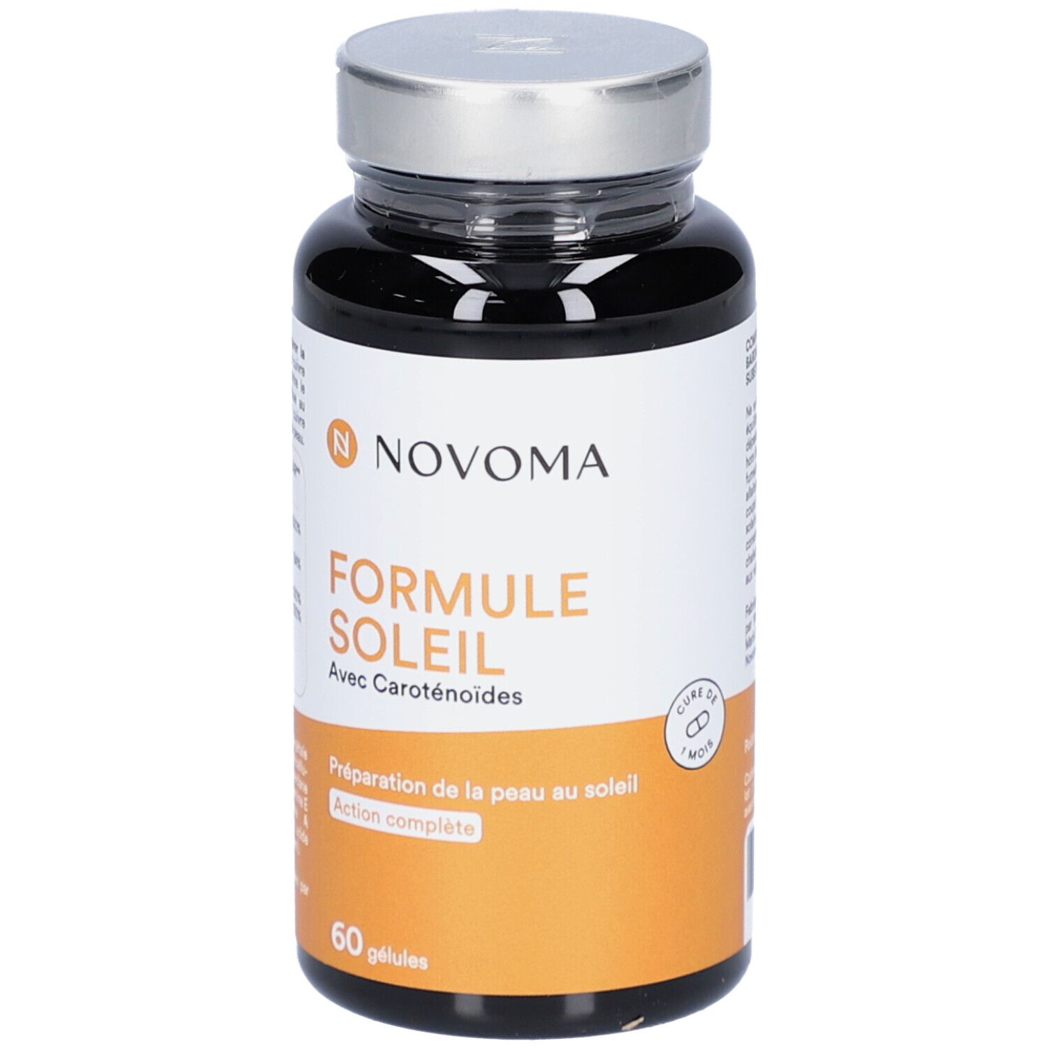 Flacon noir de gélules NOVOMA FORMULE SOLEIL. Inscription: FORMULE SOLEIL avec caroténoïdes. 60 gélules.