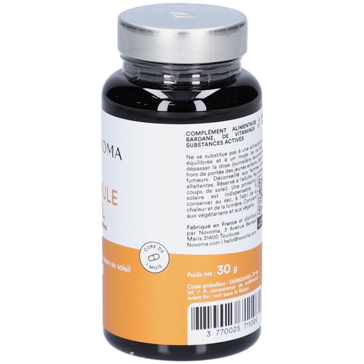 Dos du flacon avec informations. Contient 30g. Fabriqué en France. Cure de 1 mois.