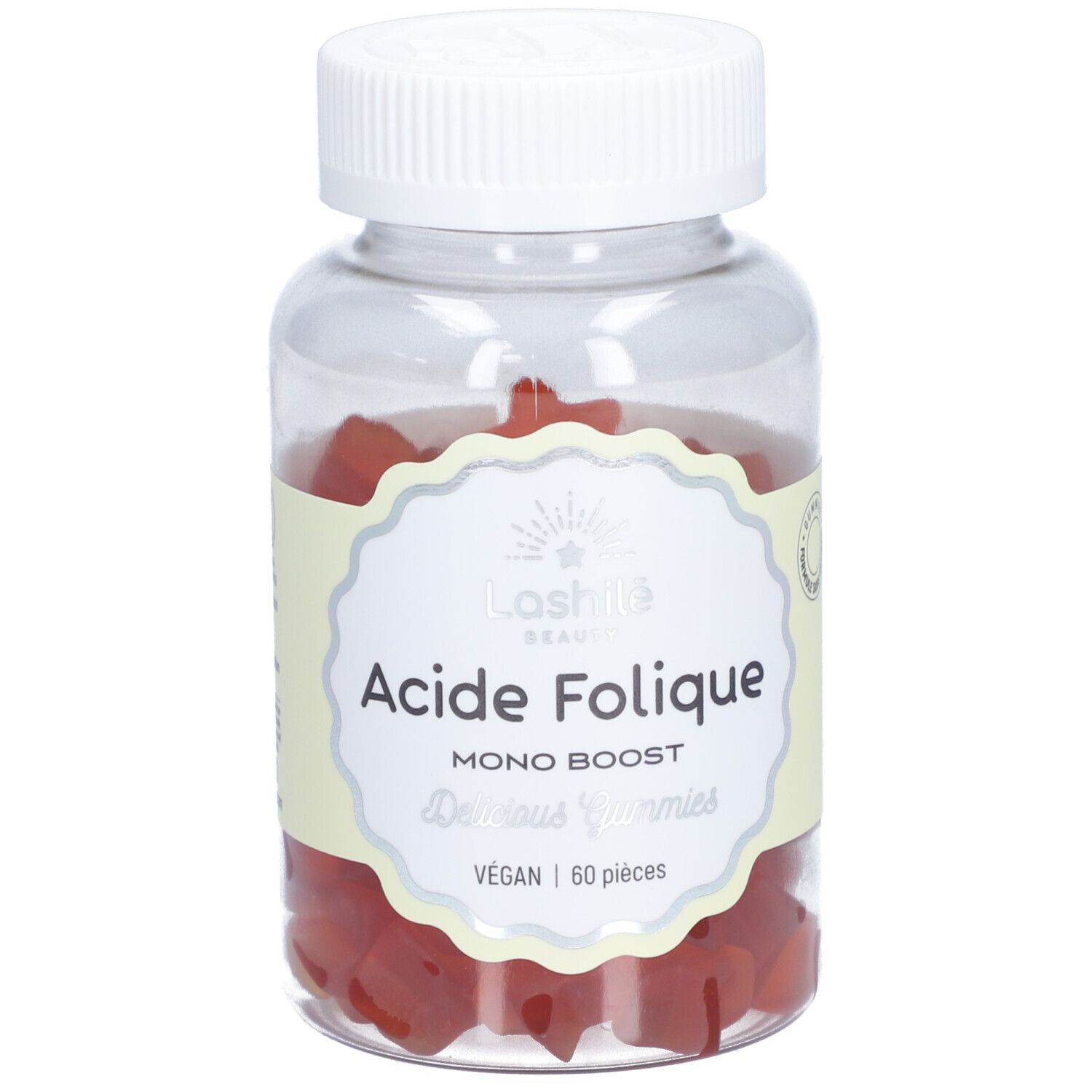 Flacon transparent avec gummies rouges. Étiquette: Acide Folique, Mono Boost, Delicious Gummies, Vegan, 60 pièces.
