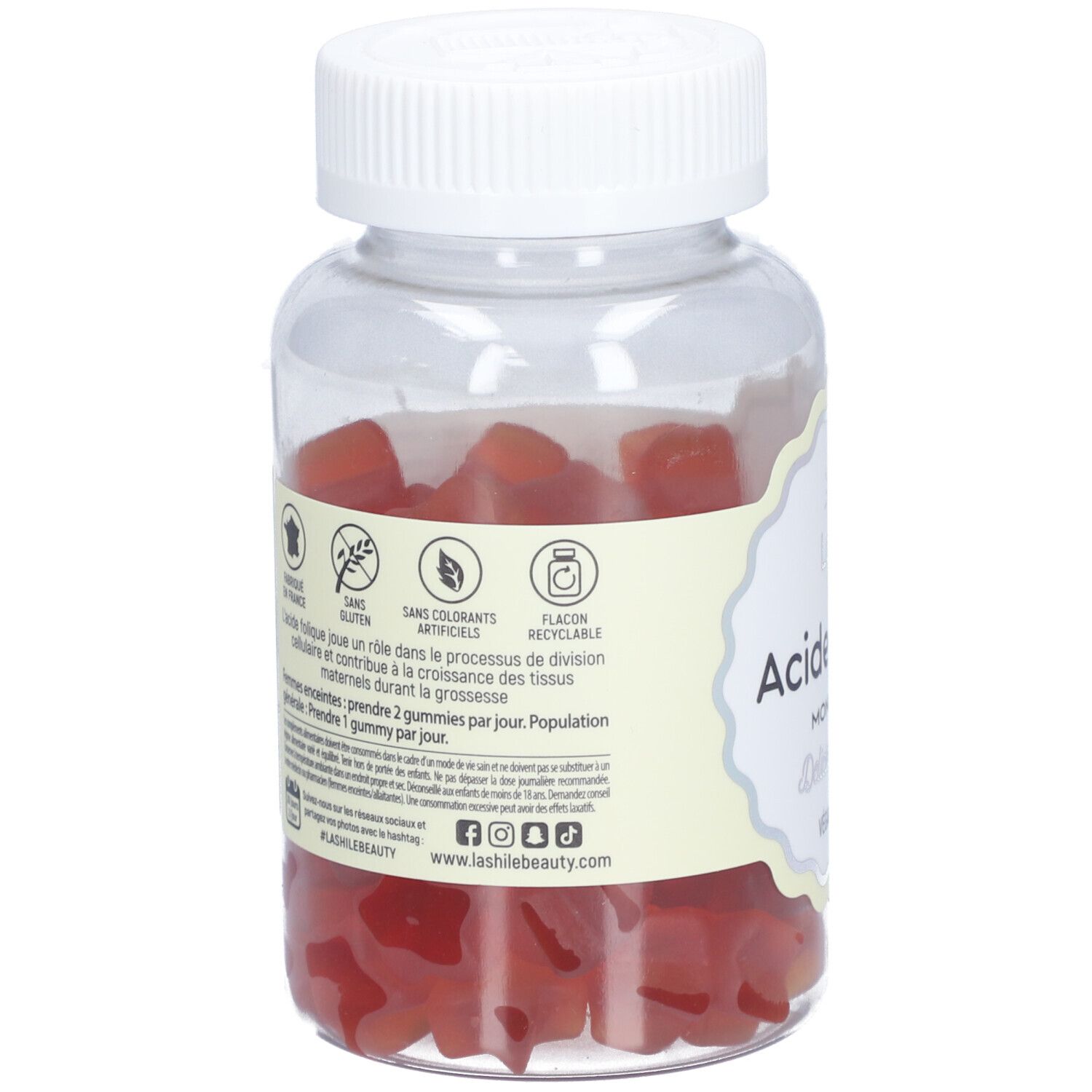 Dos du flacon avec gummies rouges. Étiquette avec texte et logos. Informations sur l'utilisation et les ingrédients.