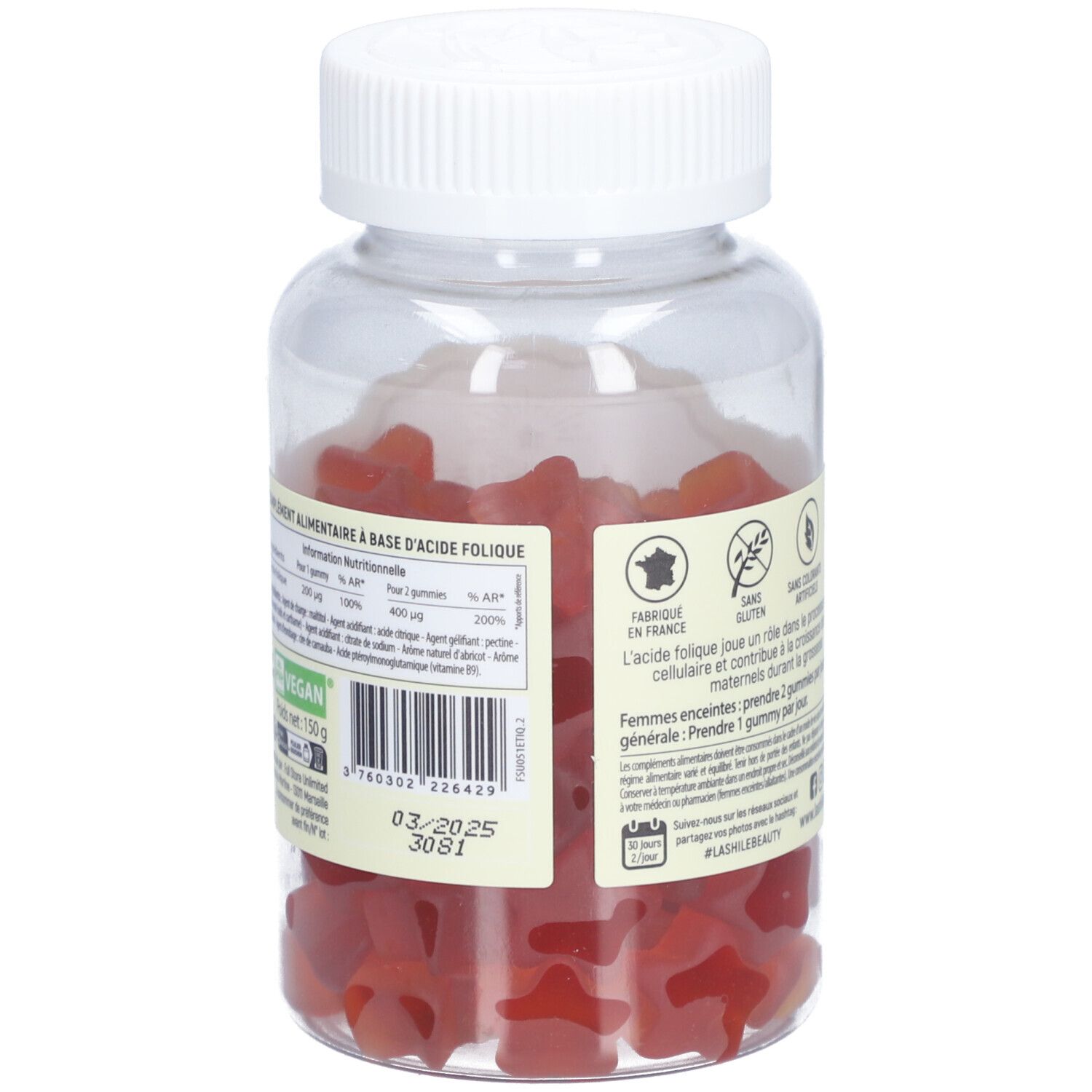 Dos du flacon avec gummies rouges. Étiquette avec texte, code-barres et date de péremption. Fabriqué en France.
