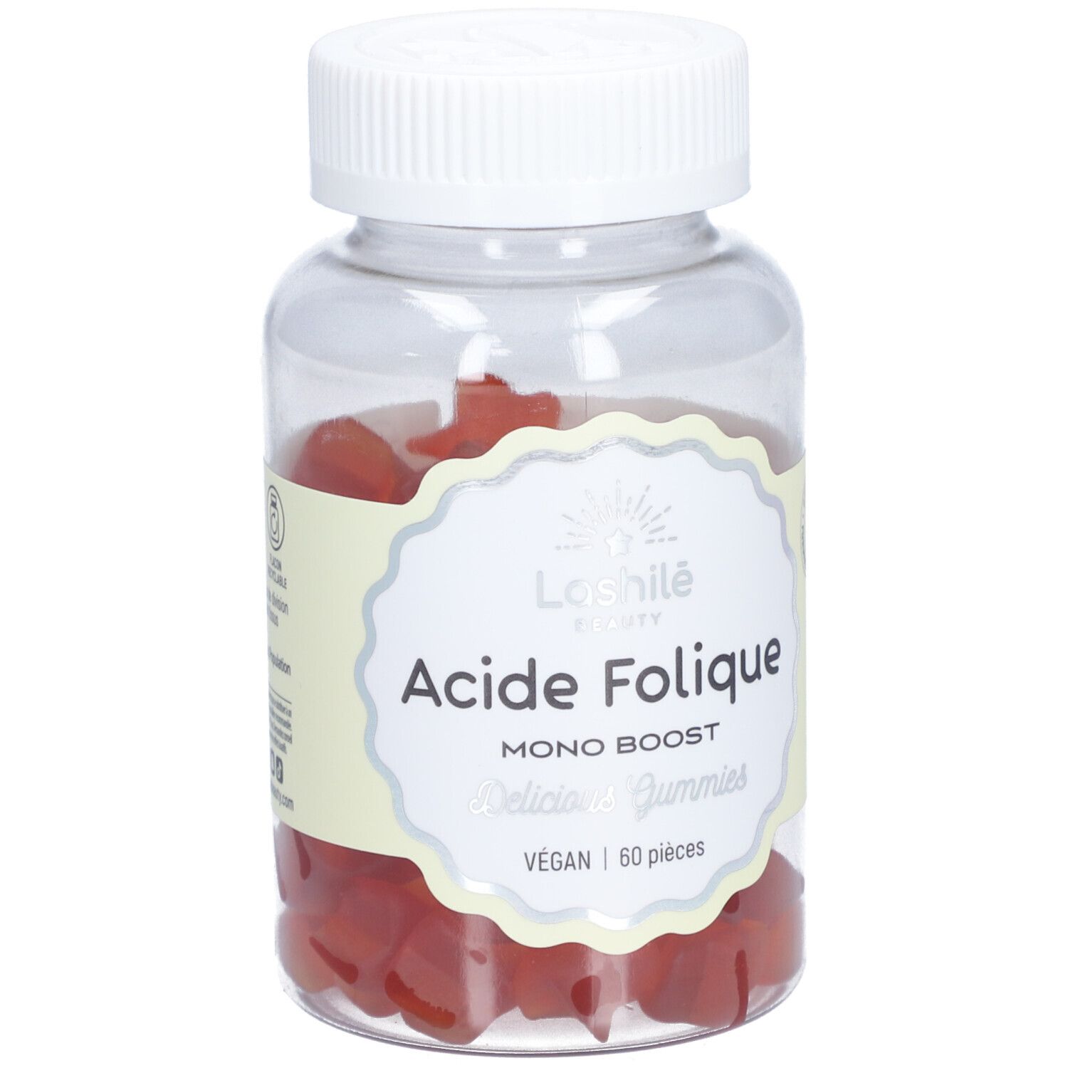 Flacon transparent avec gummies rouges. Étiquette: Acide Folique, Mono Boost, Delicious Gummies, Vegan, 60 pièces.