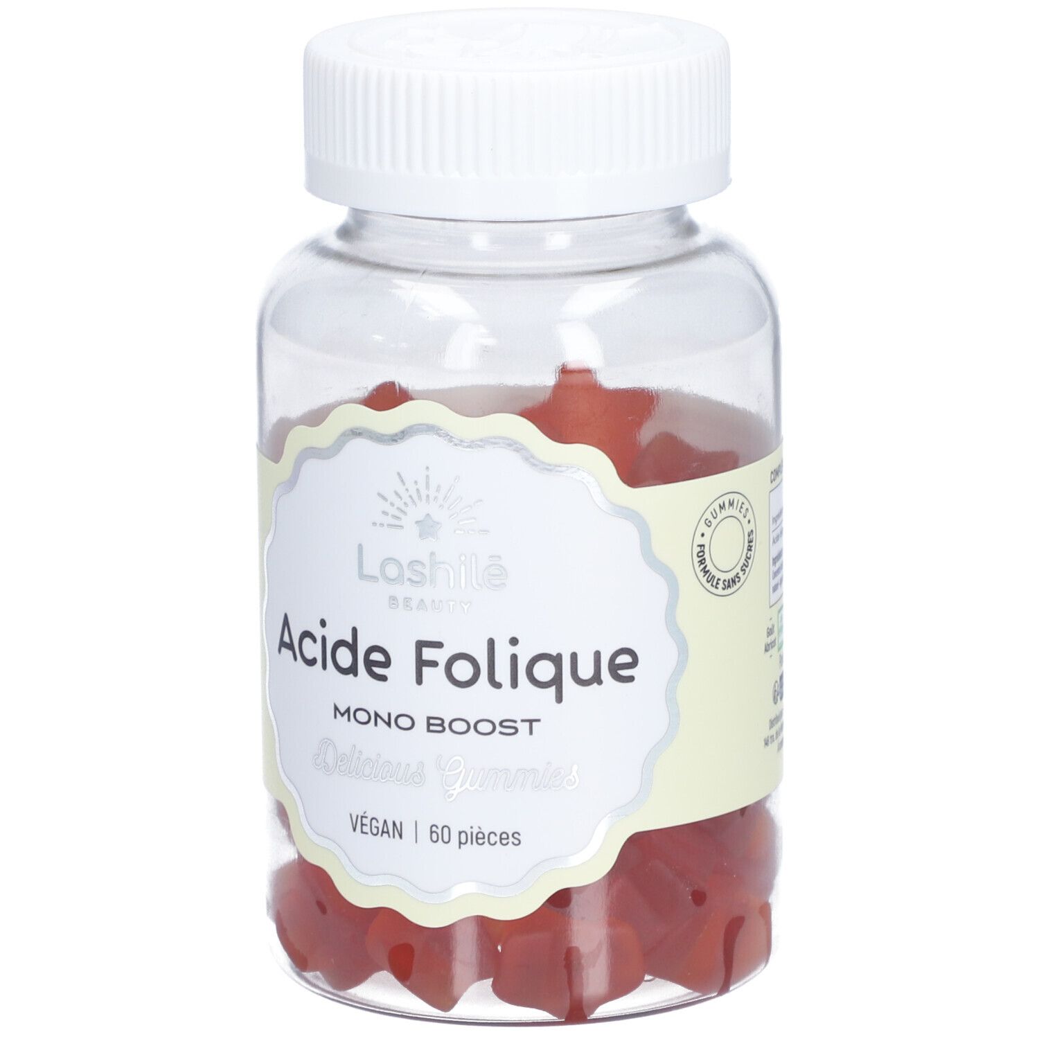 Flacon transparent avec gummies rouges. Étiquette: Acide Folique, Mono Boost, Delicious Gummies, Vegan, 60 pièces.