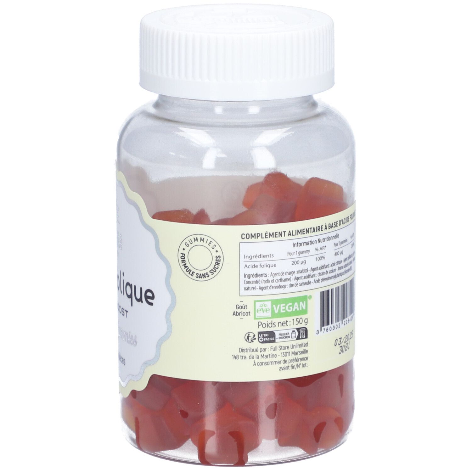 Dos du flacon avec gummies rouges. Étiquette avec texte, ingrédients, poids et logos. Vegan.