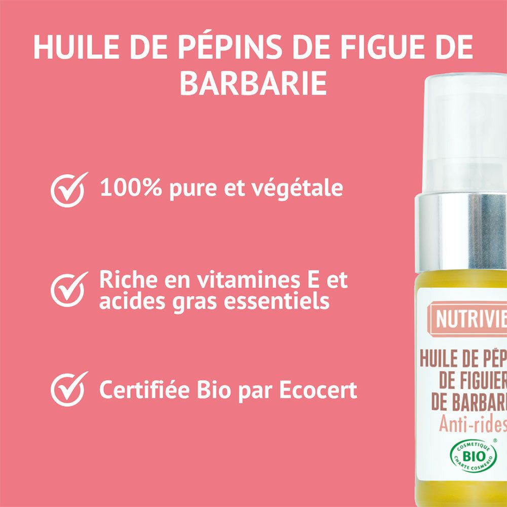 Huile de pépins de figuier de Barbarie Bio Nutrivie : 100% pure, végétale, riche en vitamines E, certifiée Bio.