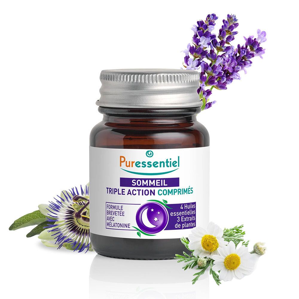 Flacon PURESSENTIEL Sommeil. Lavande, camomille et fleur de la passion. Ingrédients et logo lune.