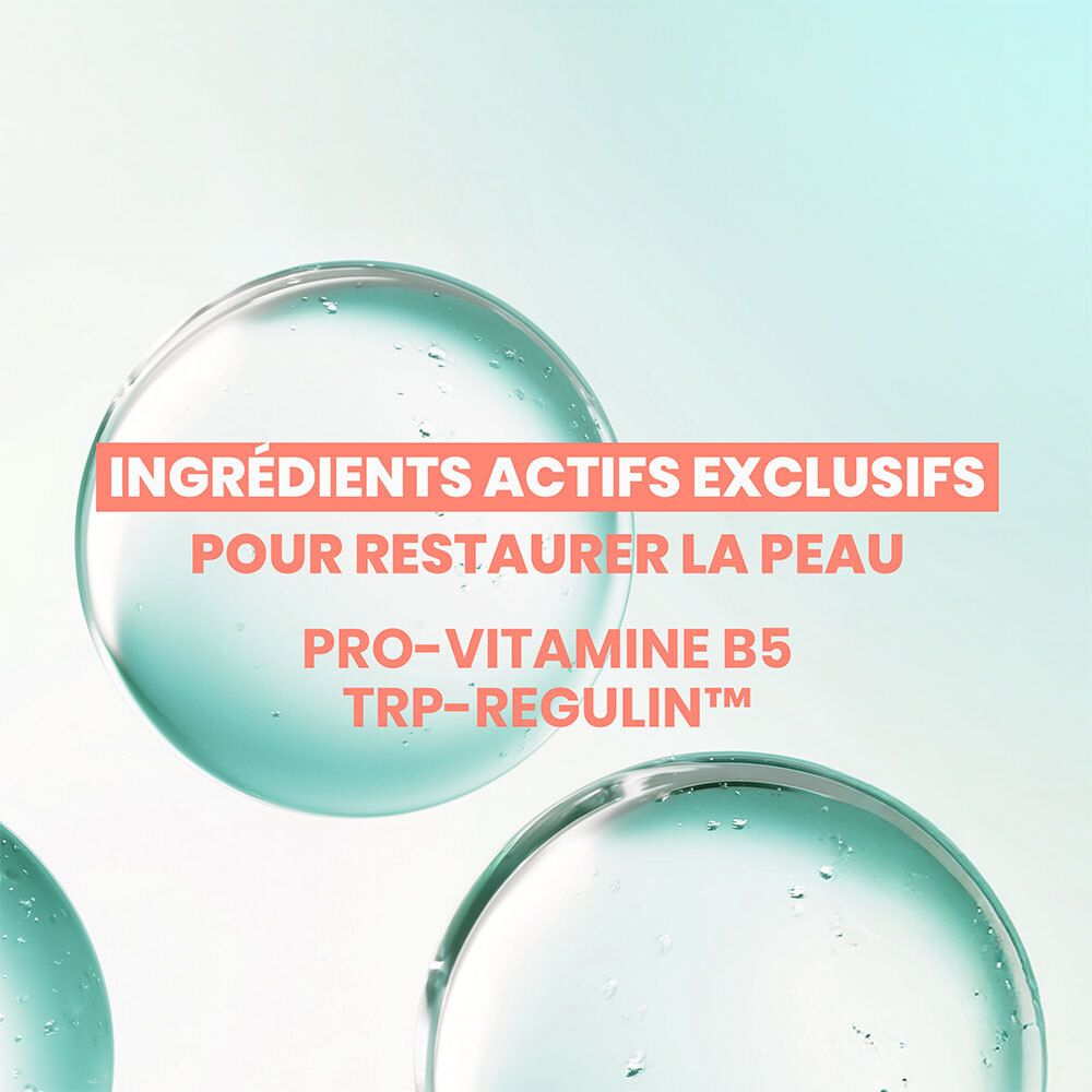 Gros plan sur des bulles de sérum. Texte : Ingrédients actifs exclusifs pour restaurer la peau. Pro-Vitamine B5, TRP-Regulin™.