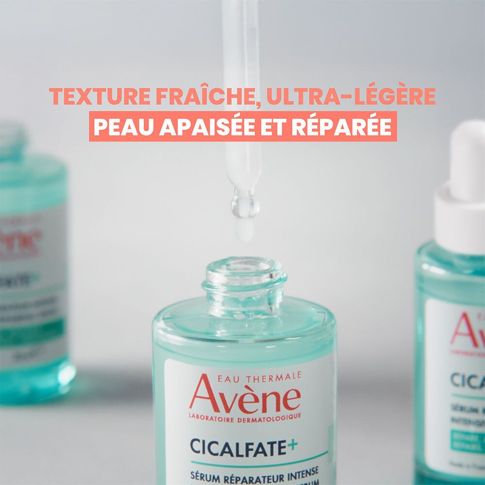 Flacon de sérum avec pipette. Texte : Texture fraîche, ultra-légère, peau apaisée et réparée.
