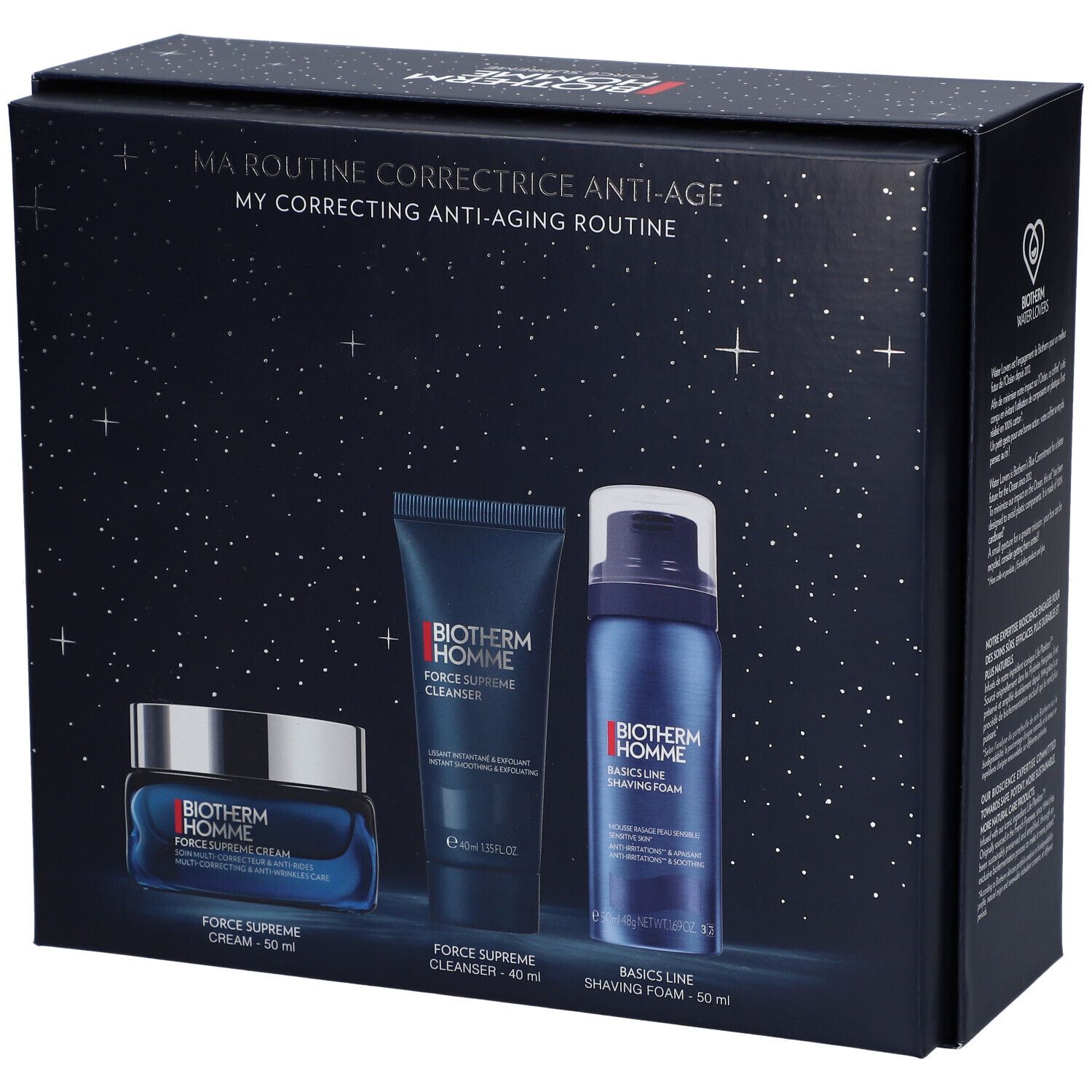 Coffret cadeau avec trois produits: crème, nettoyant et rasage. Logo BIOTHERM HOMME et noms des produits visibles.