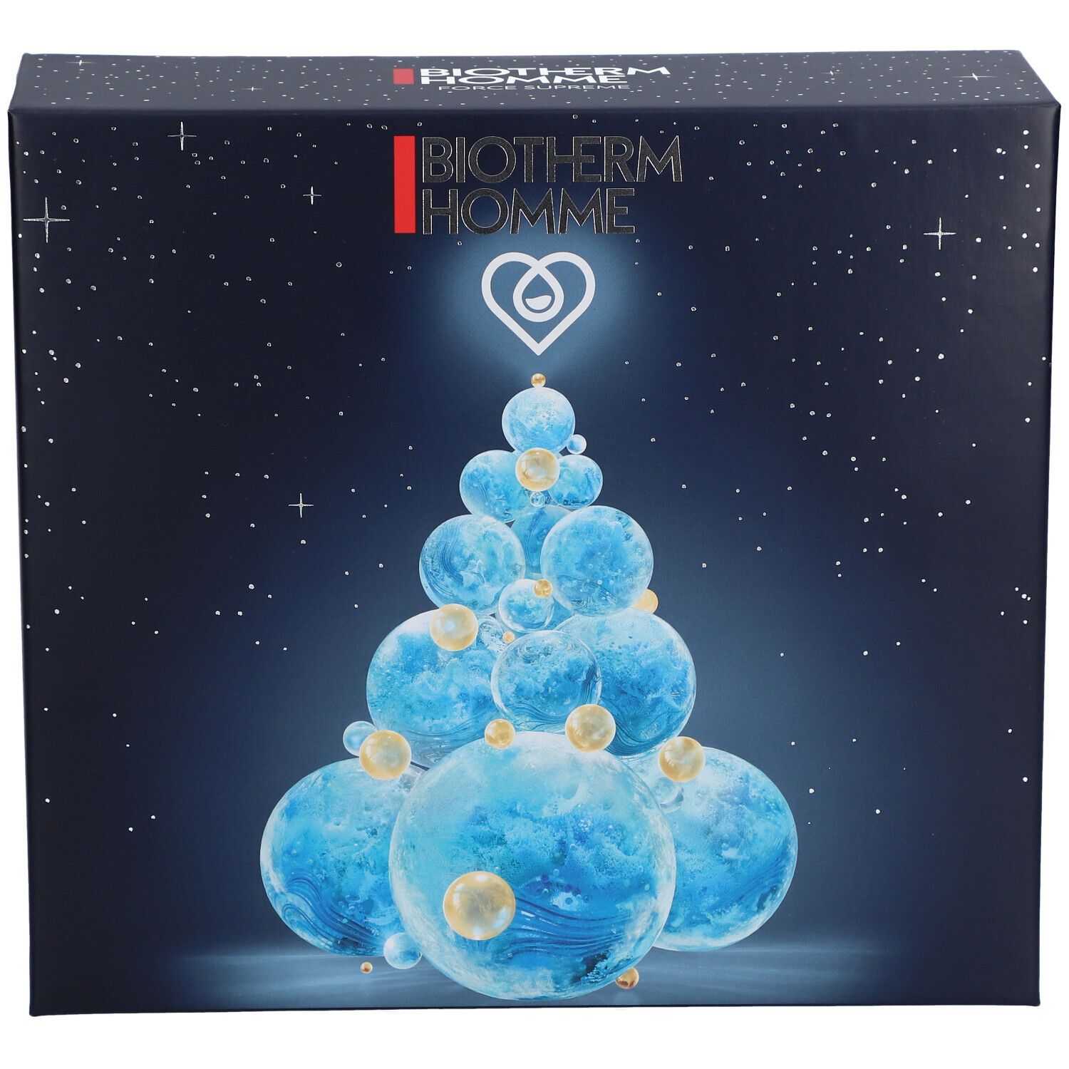 Coffret cadeau bleu foncé BIOTHERM HOMME. Représentation d'un sapin de Noël fait de boules bleues. Étoiles en arrière-plan.