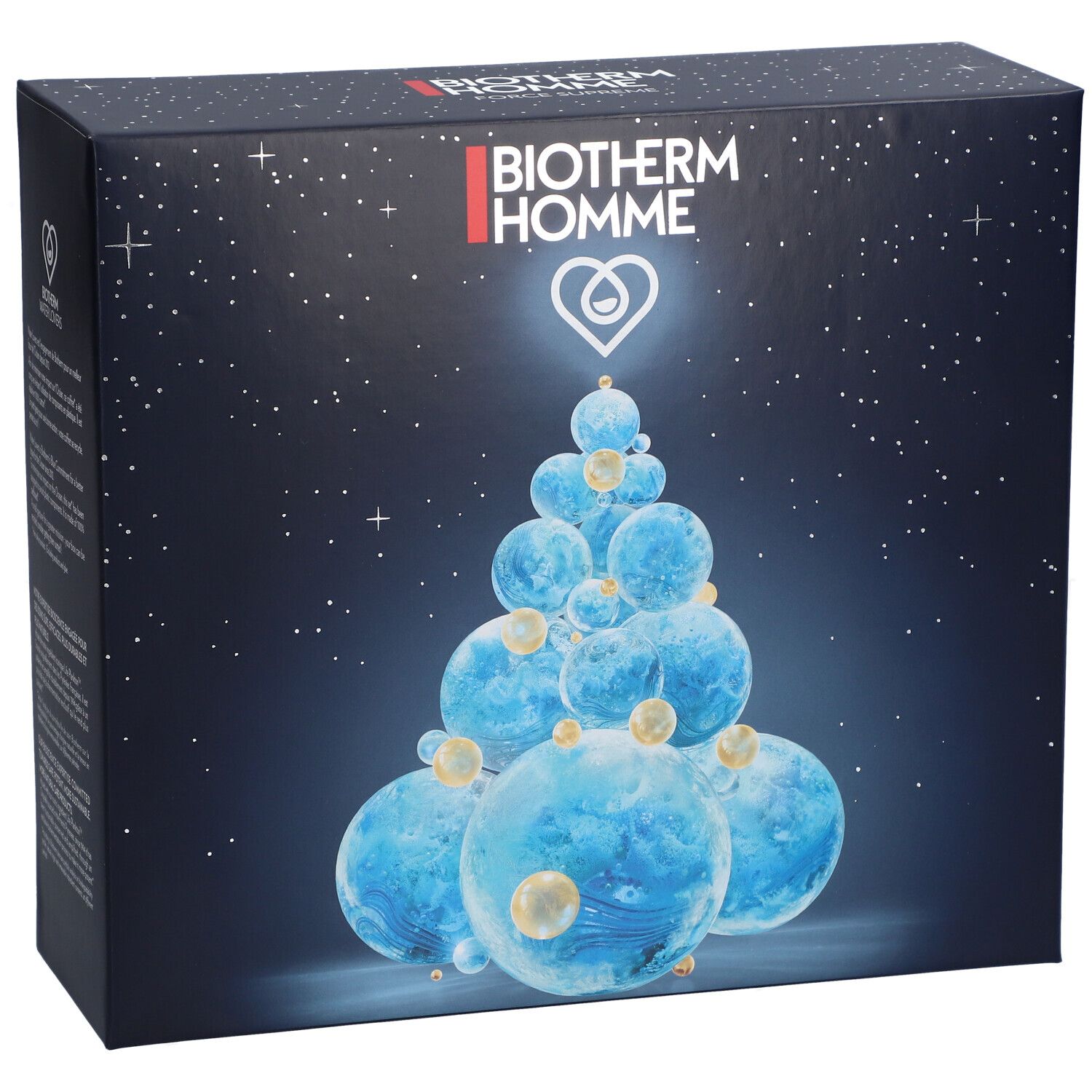 Coffret cadeau bleu foncé BIOTHERM HOMME. Représentation d'un sapin de Noël fait de boules bleues. Étoiles en arrière-plan.