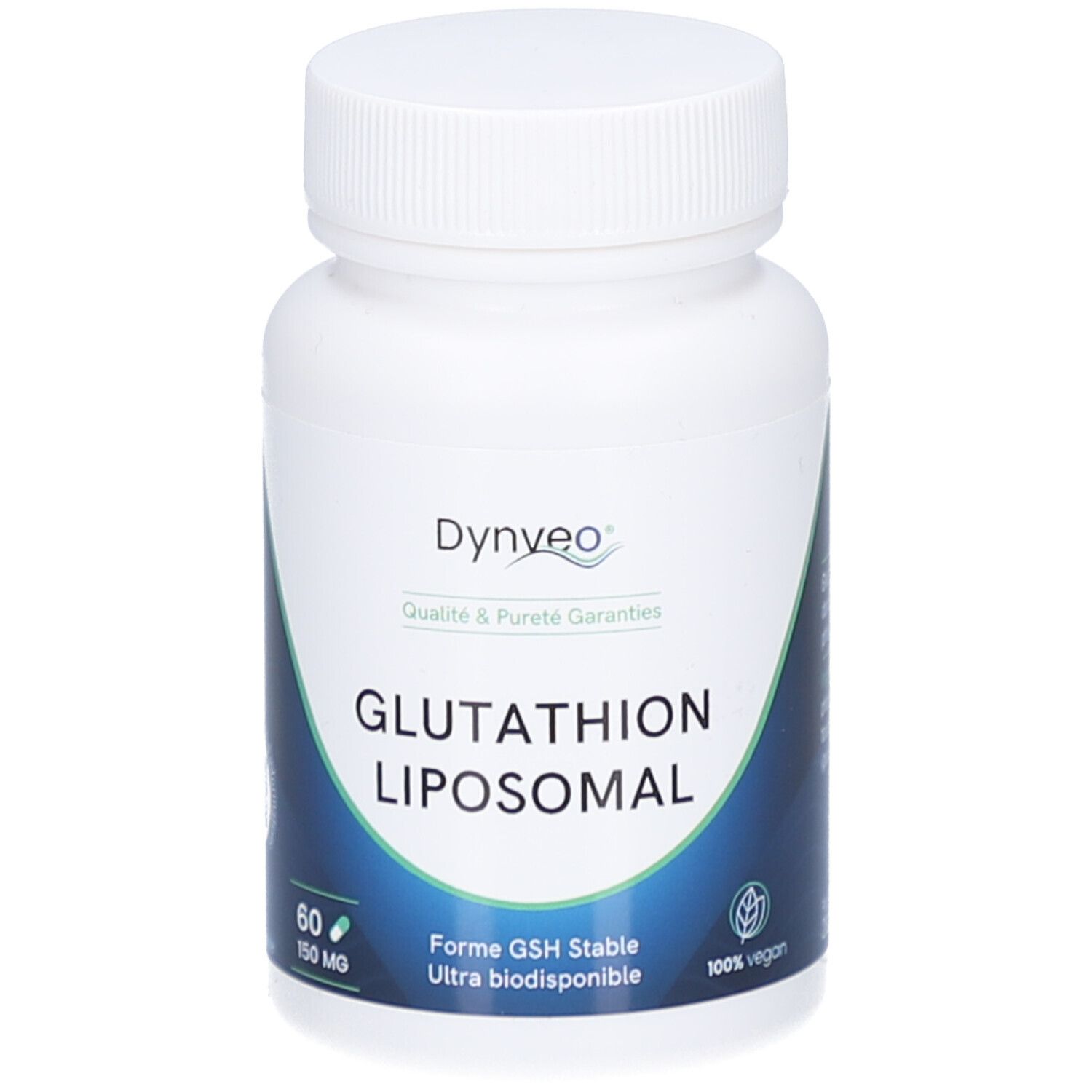 Flacon blanc avec bouchon à vis. Inscription: Glutathion Liposomal. 60 gélules, 150 mg. Marque Dynveo.