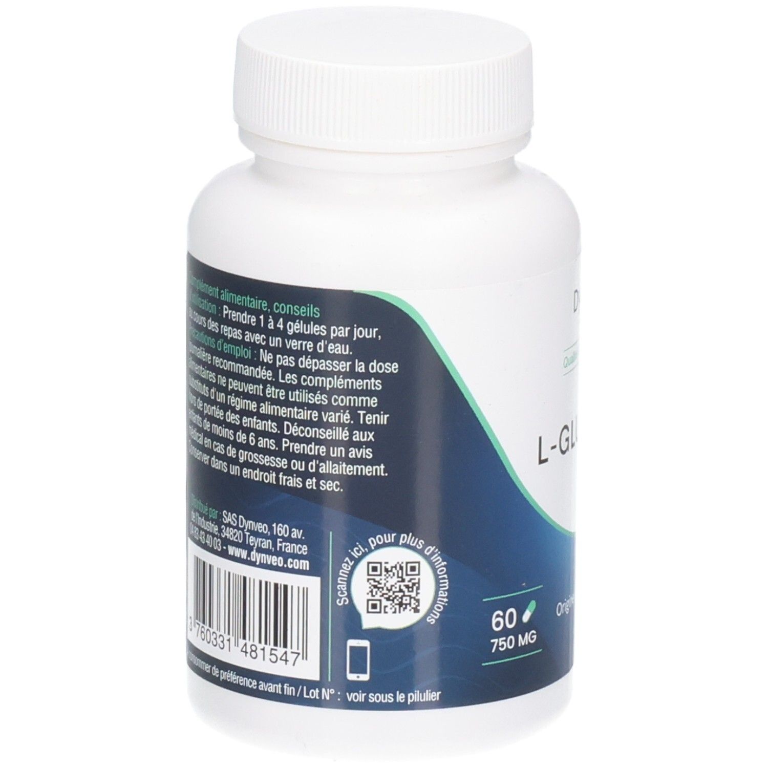 Dos de flacon blanc. Texte: Complément alimentaire, posologie, ingrédients, QR code, 60 gélules, 750 mg.