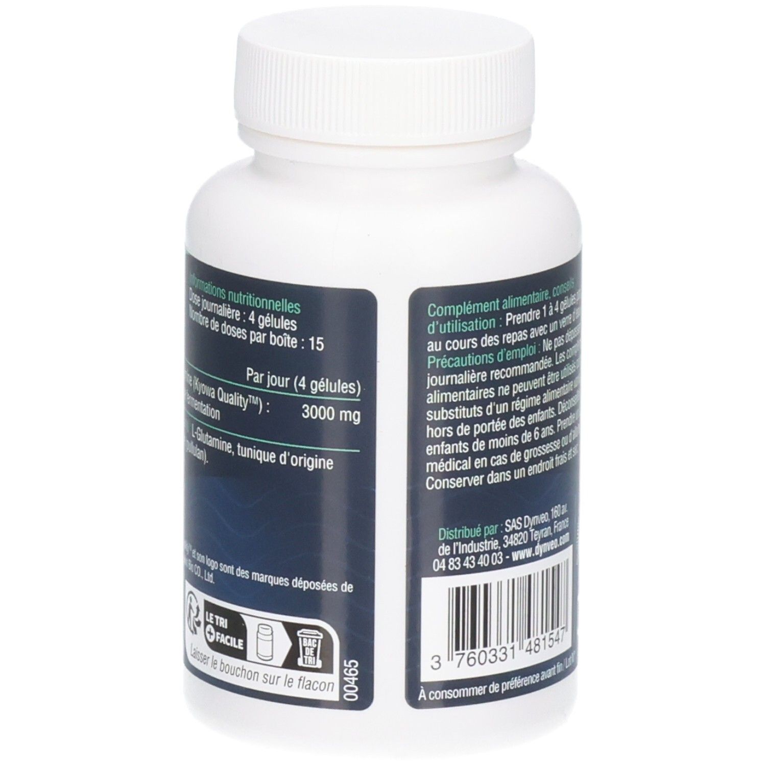 Dos du flacon blanc. Texte: Complément alimentaire, posologie, ingrédients, 15 portions.