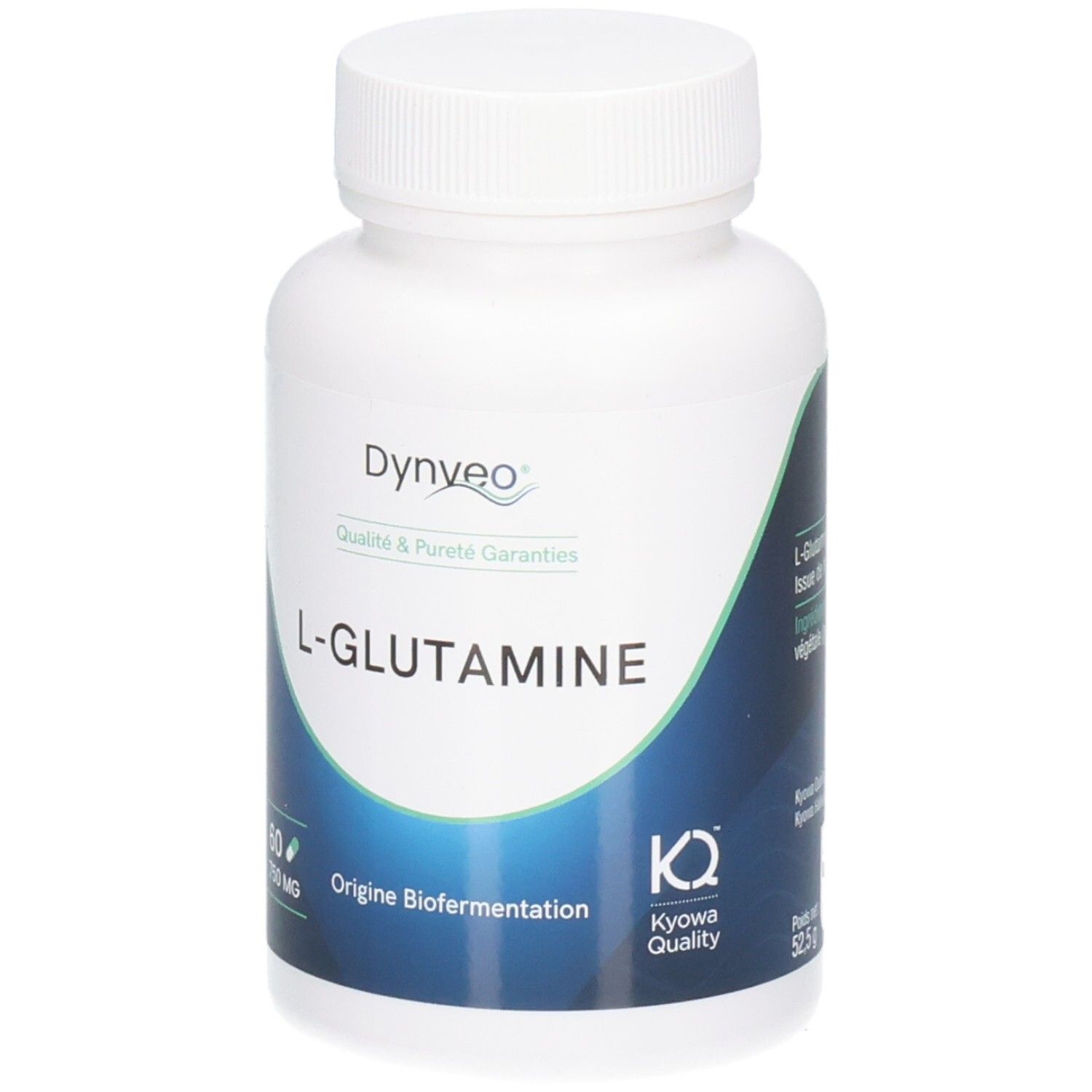 Flacon blanc de gélules. Inscriptions: Dynveo, L-Glutamine. Logo Kyowa Quality.
