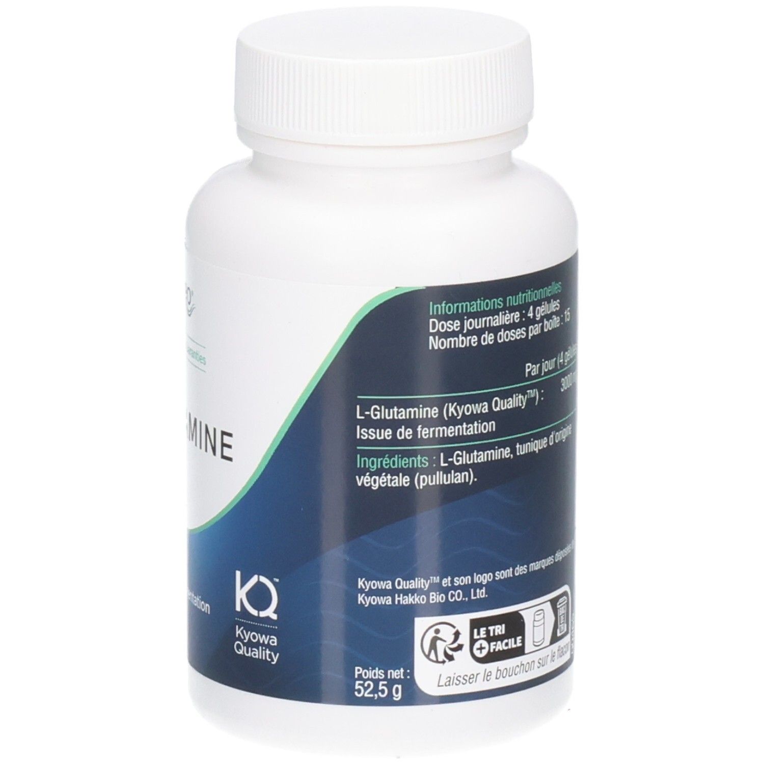 Dos du flacon blanc. Texte: L-Glutamine, ingrédients, Kyowa Quality, 52,5 g.