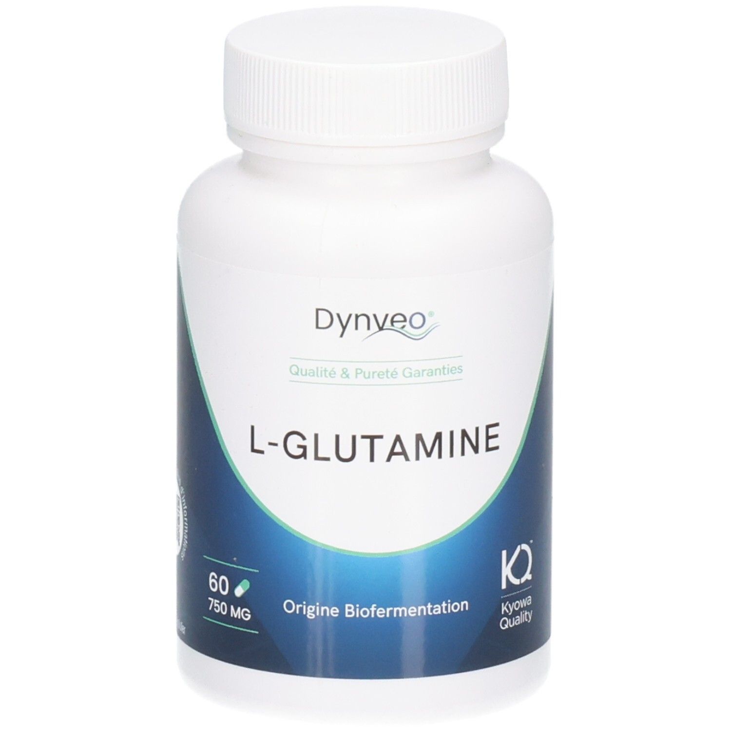 Flacon blanc de gélules. Inscriptions: Dynveo, L-Glutamine, 60 gélules, 750 mg. Kyowa Quality.