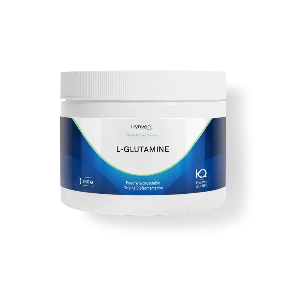 Pot de L-Glutamine DYNVEO. 150g. Poudre hydrosoluble, origine biofermentation.