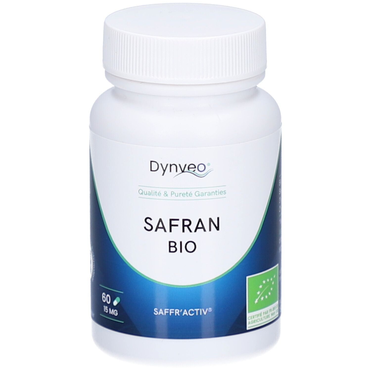Flacon blanc de gélules. Inscription: Dynveo, Safran Bio, 60 gélules, 15 mg. Label bio.