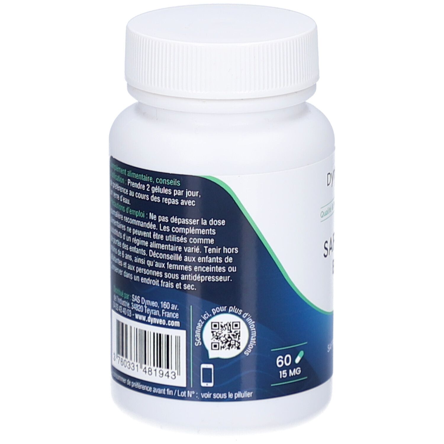 Dos du flacon blanc. Inscription: Dynveo, Safran Bio, 60 gélules, 15 mg. Code QR.