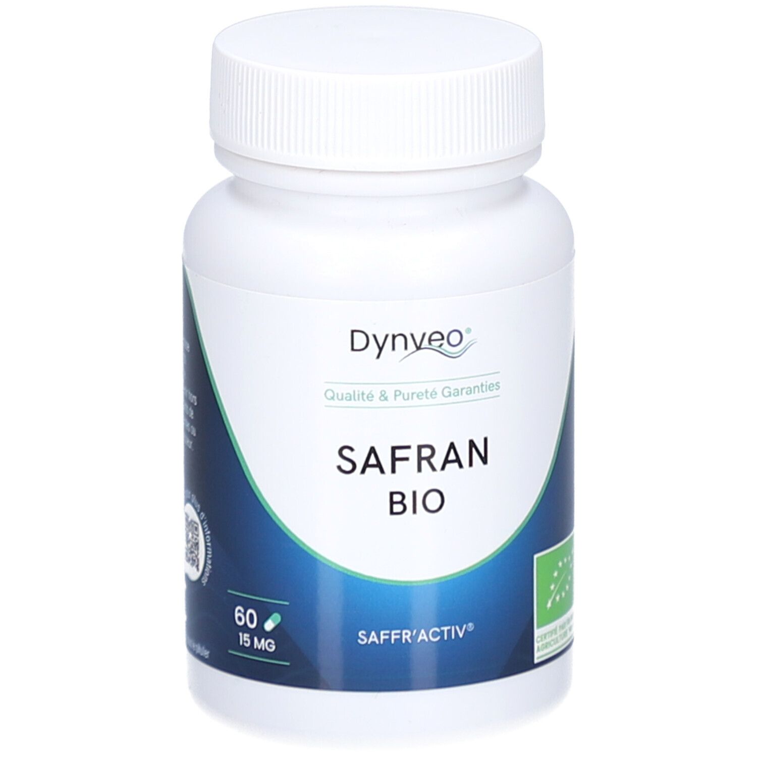 Flacon blanc de gélules. Inscription: Dynveo, Safran Bio, 60 gélules, 15 mg. Label bio.