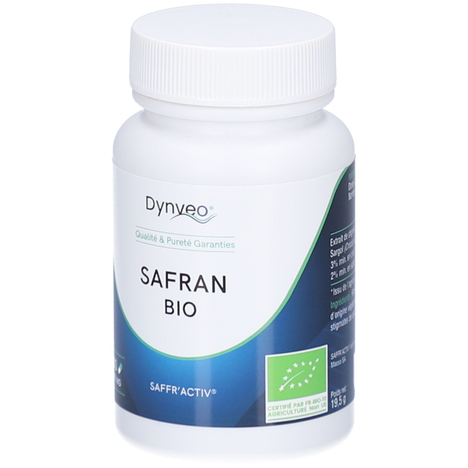 Flacon blanc de gélules. Inscription: Dynveo, Safran Bio, 60 gélules, 15 mg. Label bio.