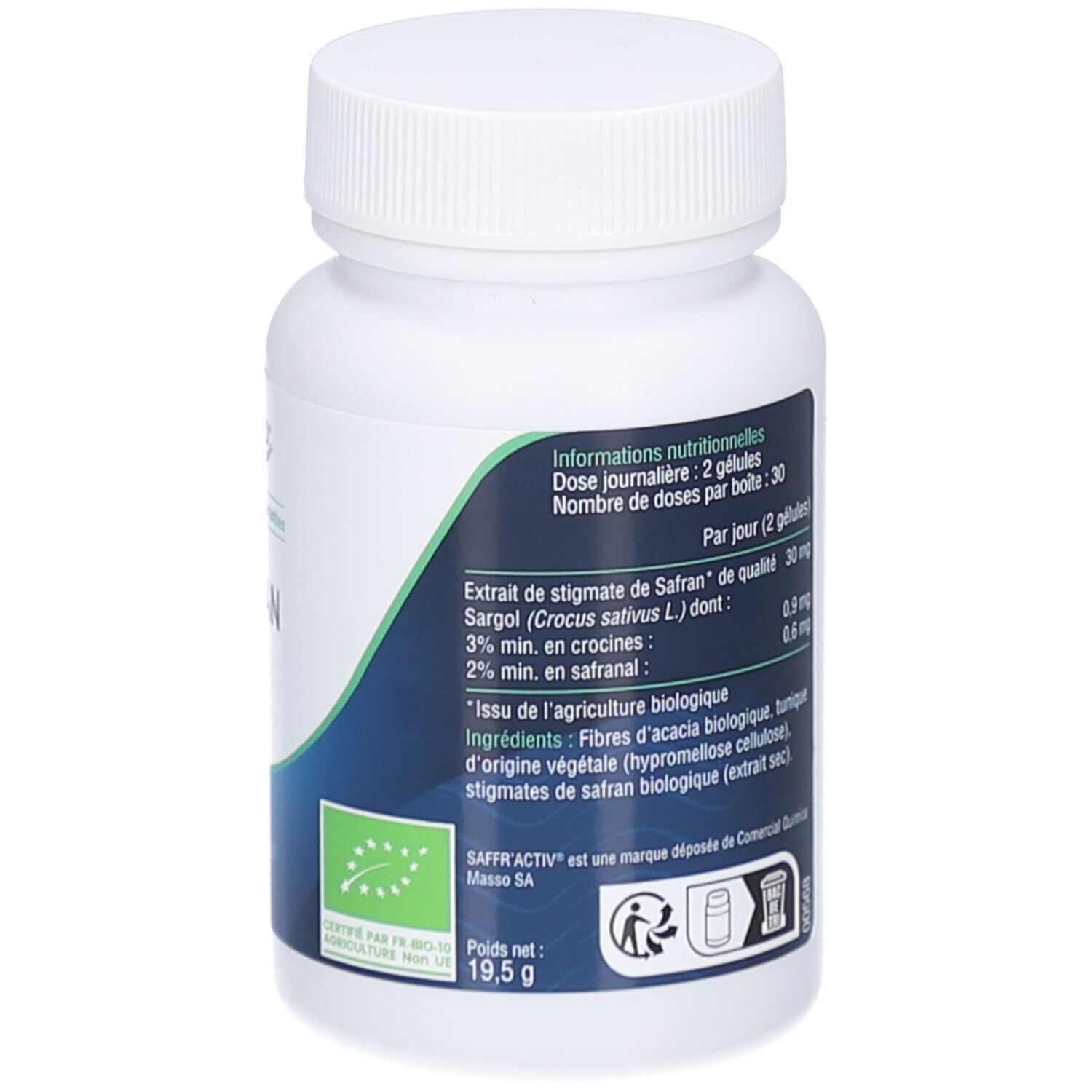 Dos du flacon blanc. Inscription: Safran Bio, ingrédients, dosage. Label bio. Poids net 19,5 g.