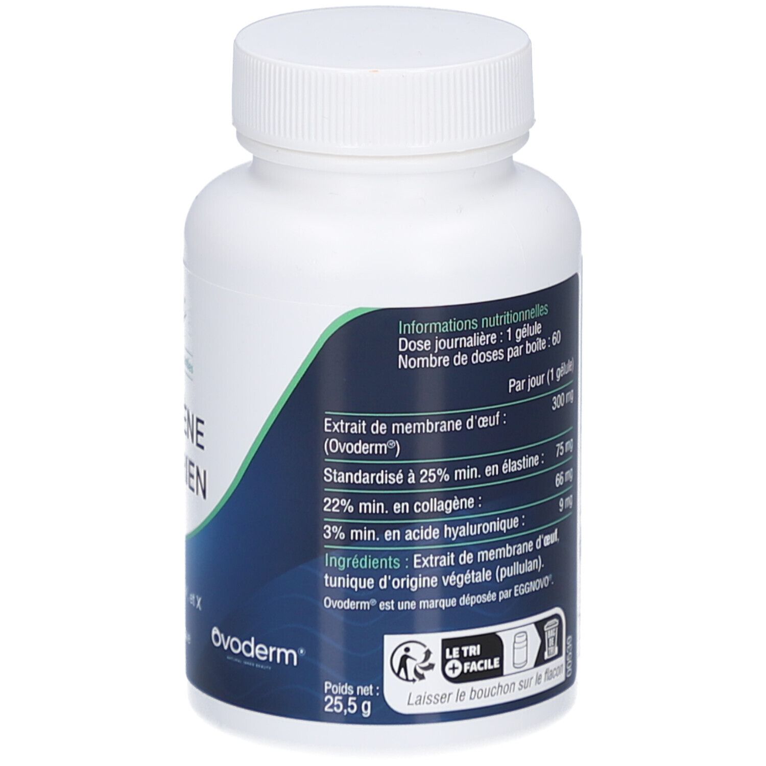 Dos du flacon blanc. Texte: COLLAGÈNE VÉGÉTARIEN, 60 gélules. Informations nutritionnelles et ingrédients. Poids: 25,5 g.
