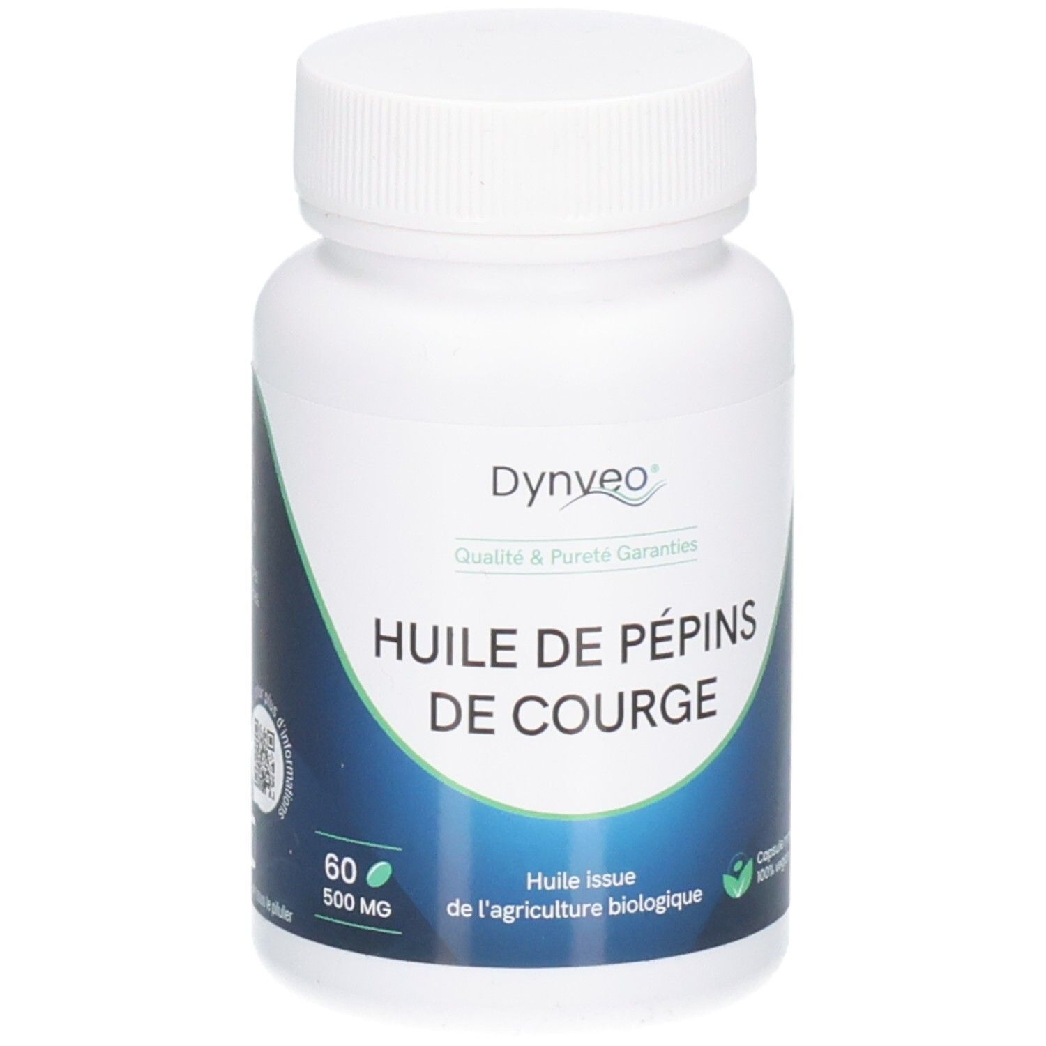 Flacon blanc de gélules. Inscription: Dynveo, Huile de pépins de courge. 60 gélules, 500 mg.