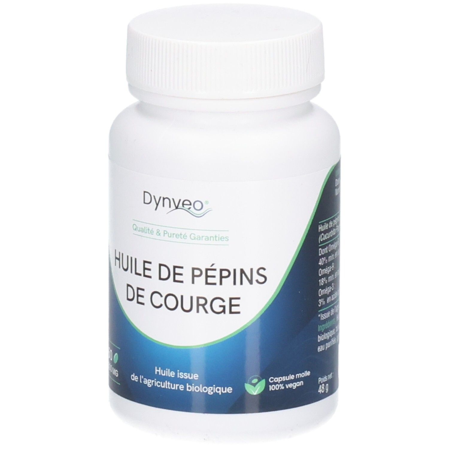 Flacon blanc de gélules. Inscription: Dynveo, Huile de pépins de courge. 60 gélules, 500 mg.