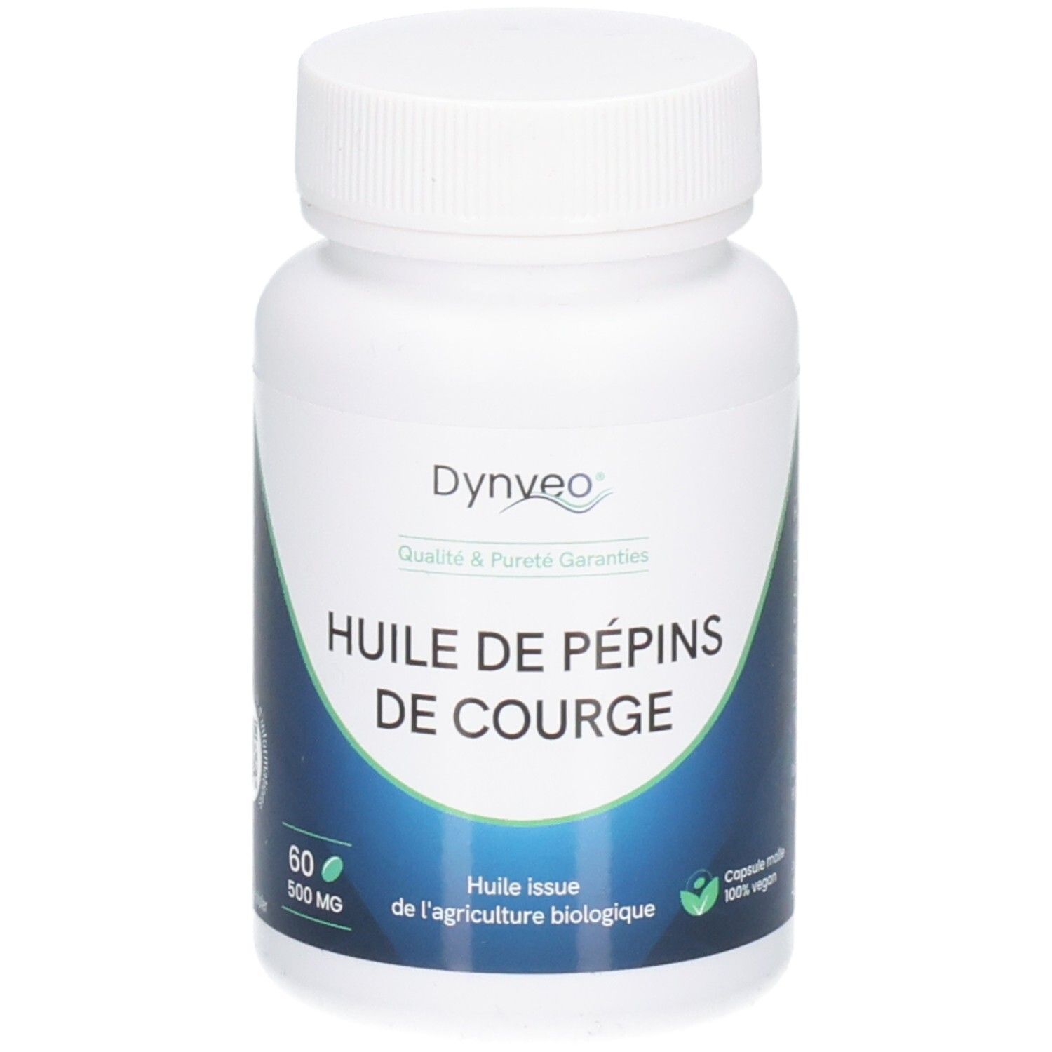 Flacon blanc de gélules. Inscription: Dynveo, Huile de pépins de courge. 60 gélules, 500 mg.