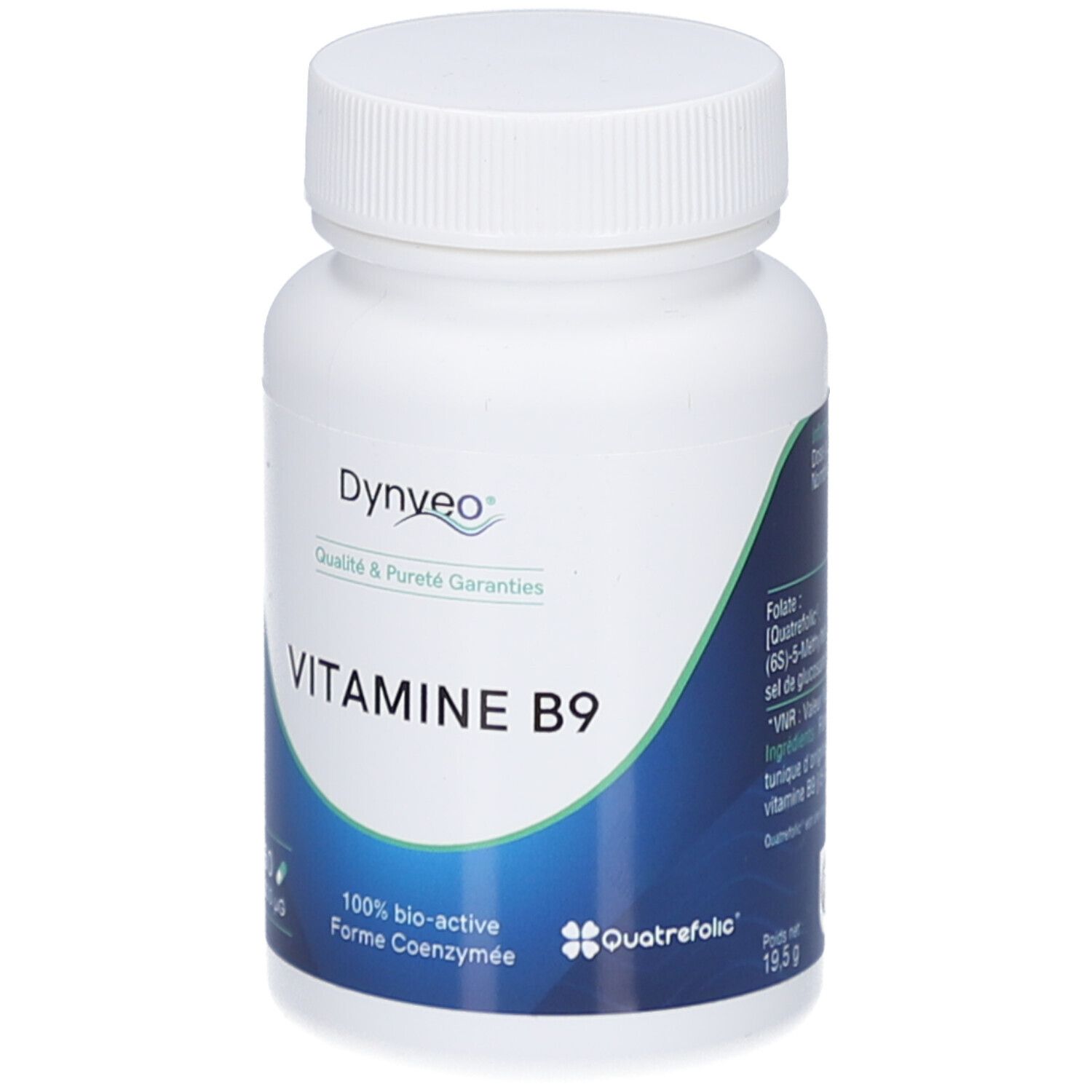 Flacon blanc avec bouchon à vis. Inscription: DYNVEO Vitamine B9. 60 gélules, 200 µg. Logo Quatrefolic. 19,5 g.