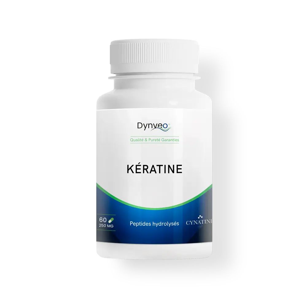 Bouteille blanche de gélules Kératine, 60 gélules, 250 mg par gélule.