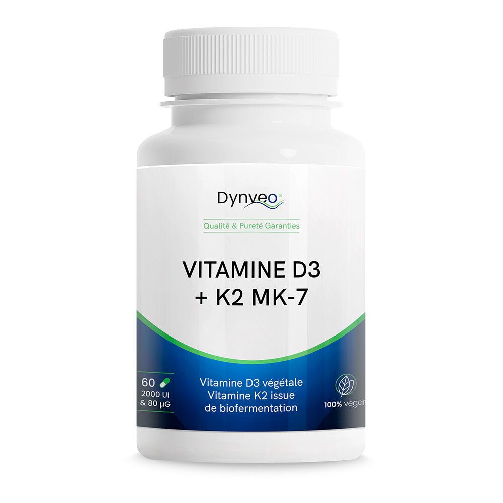 Flacon blanc de DYNVEO Vitamine D3 + K2 MK-7. Contient 60 gélules, 2000 UI & 80 µg. Inscription "100% vegan".