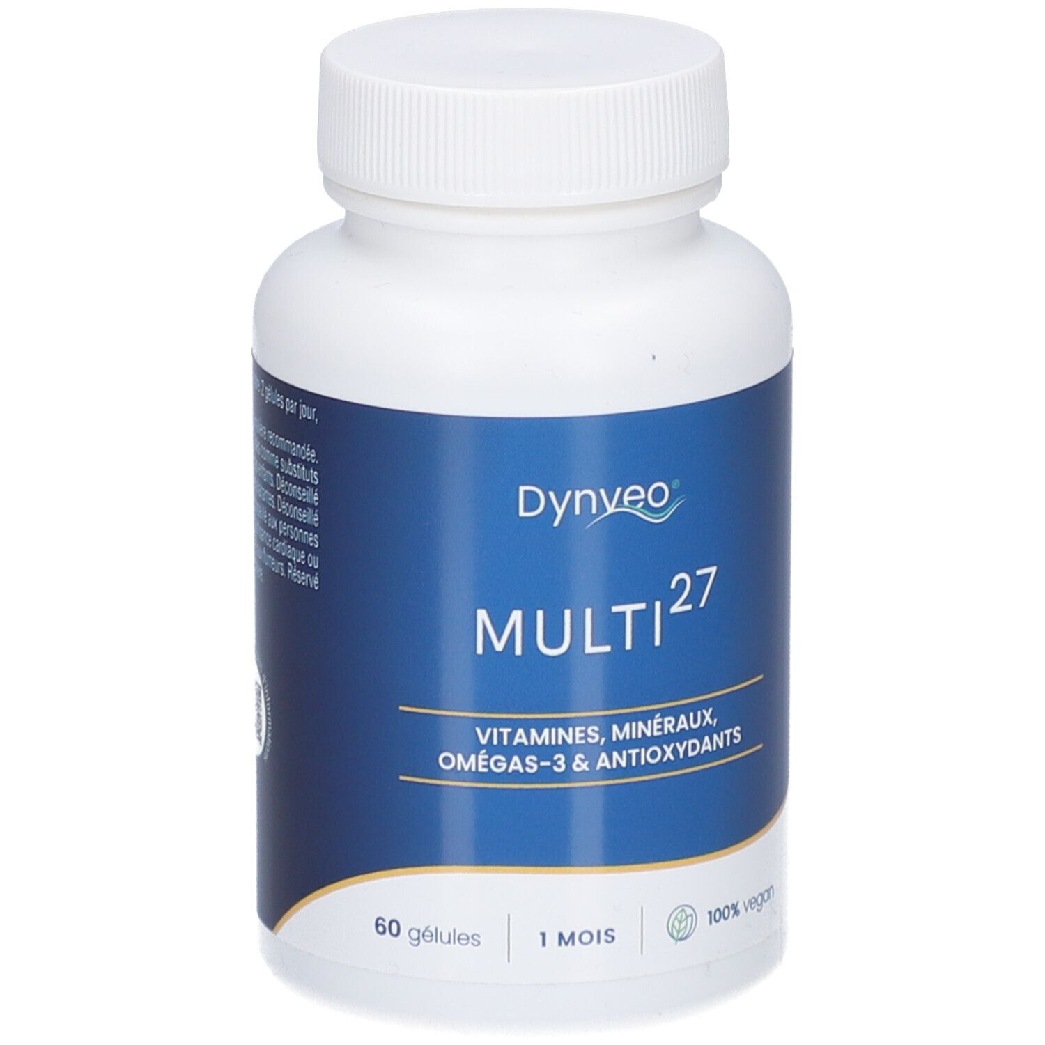 Flacon blanc avec étiquette bleue. Inscription: Dynveo Multi 27. Contient vitamines, minéraux, oméga-3 & antioxydants. 60 gélules, 1 mois, 100% vegan.