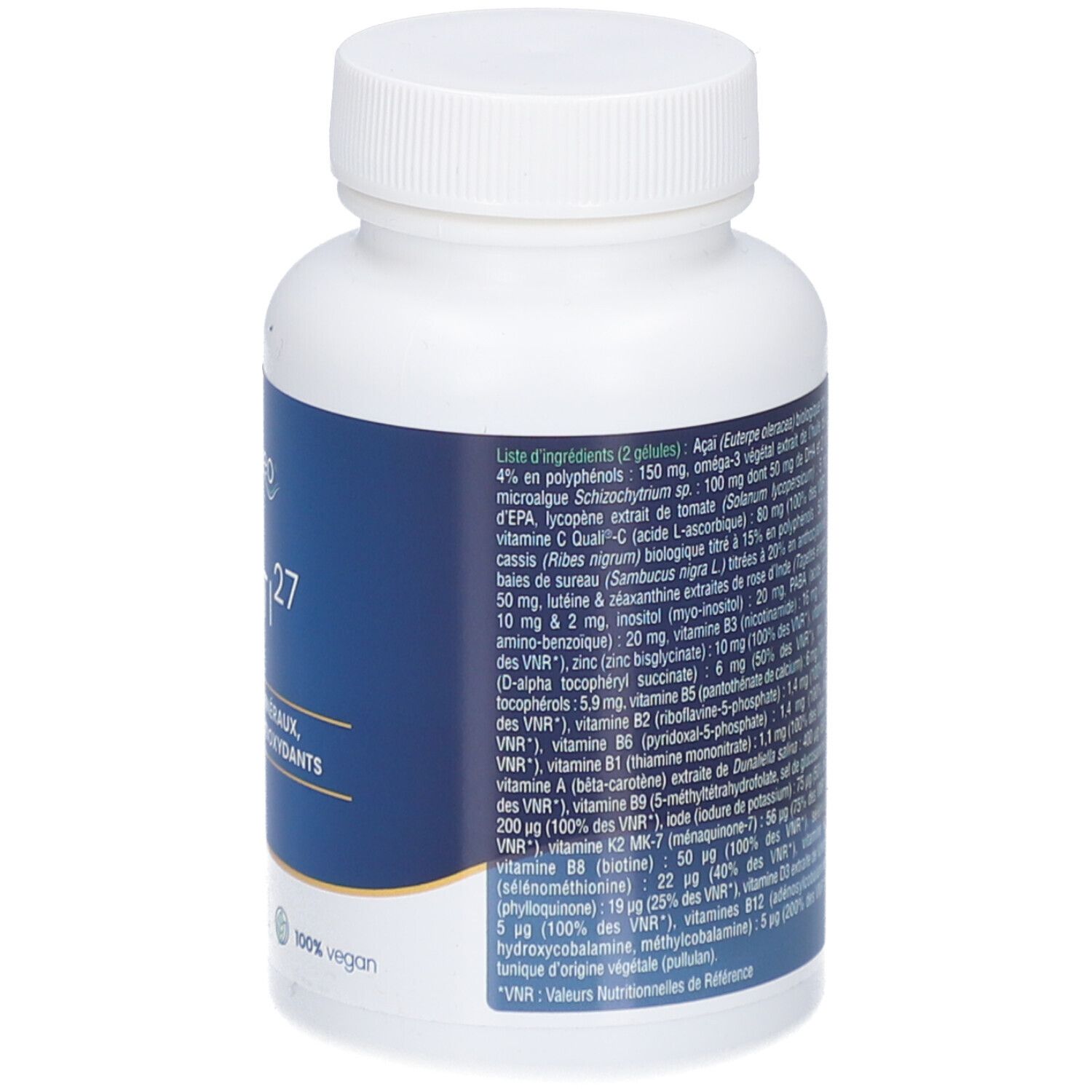 Dos du flacon blanc. Liste des ingrédients. Contient, entre autres, açaï, vitamine C, zinc, vitamine B6, vitamine B12. 100% vegan.