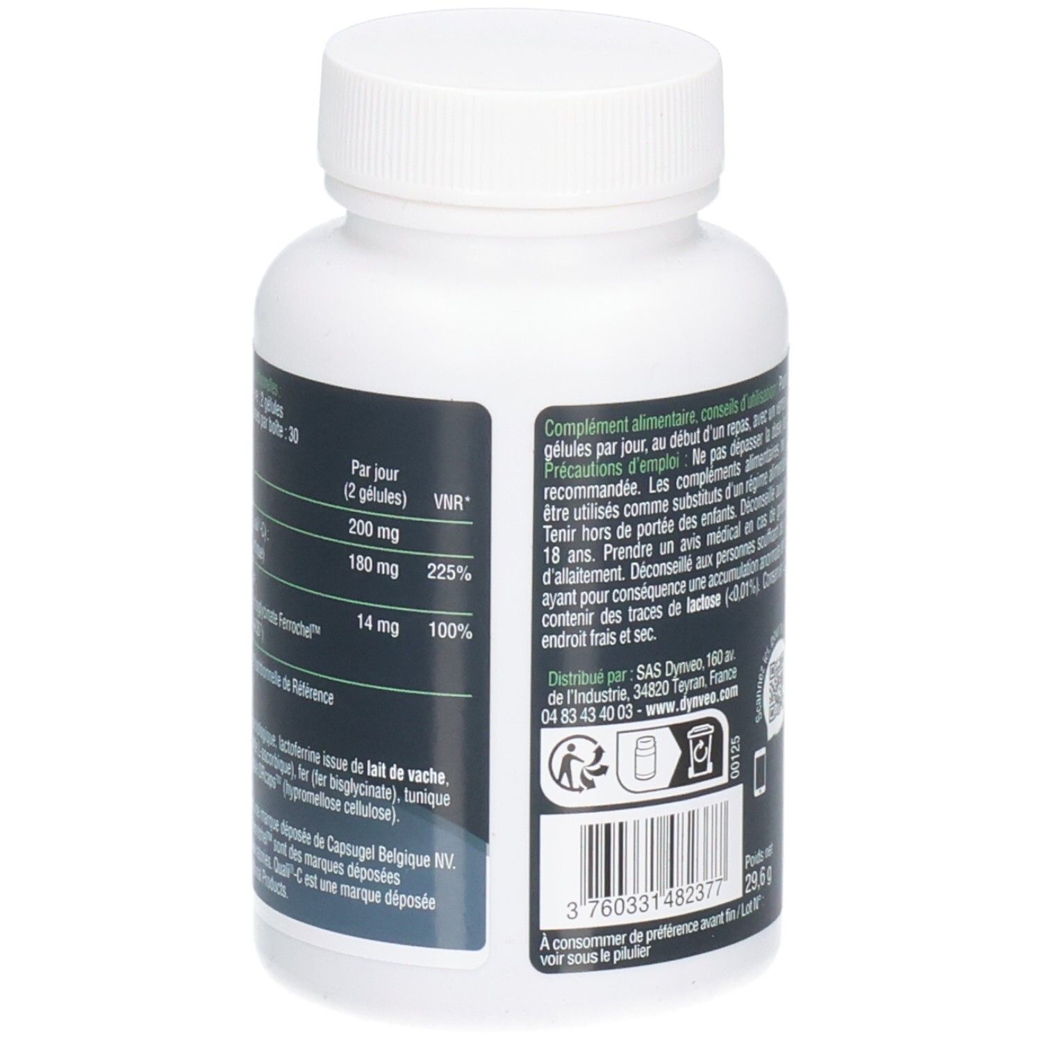 Dos du flacon blanc. Texte: complément alimentaire, informations, ingrédients, Distribué par SAS Dynveo. Code-barres.