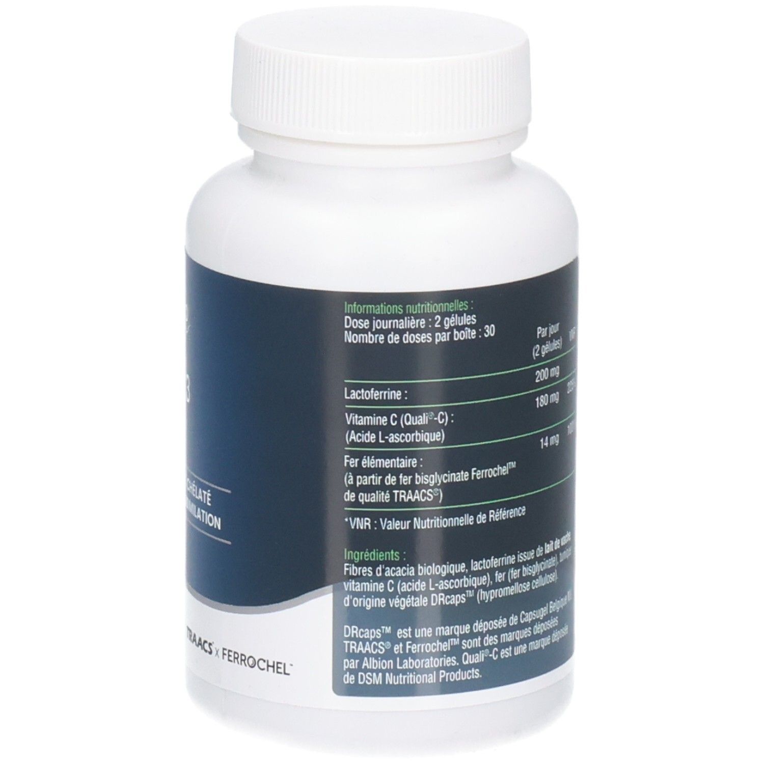 Dos du flacon blanc. Texte: informations nutritionnelles, ingrédients, TRAACS x Ferrochel. Code-barres.
