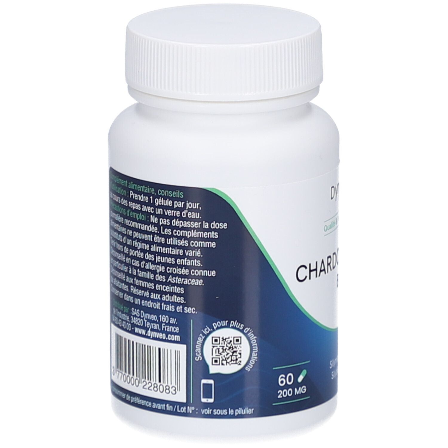 Dos du flacon blanc. Texte et code QR. Inscription: CHARDON-MARIE. 60 gélules, 200 mg. Logo Dynveo.