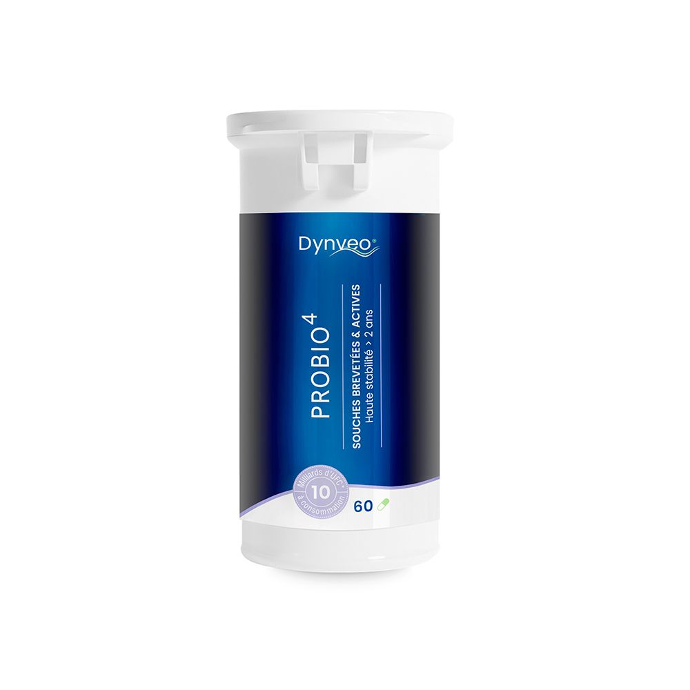 Flacon Dynveo Probio4 de 60 gélules, haute stabilité > 2 ans.